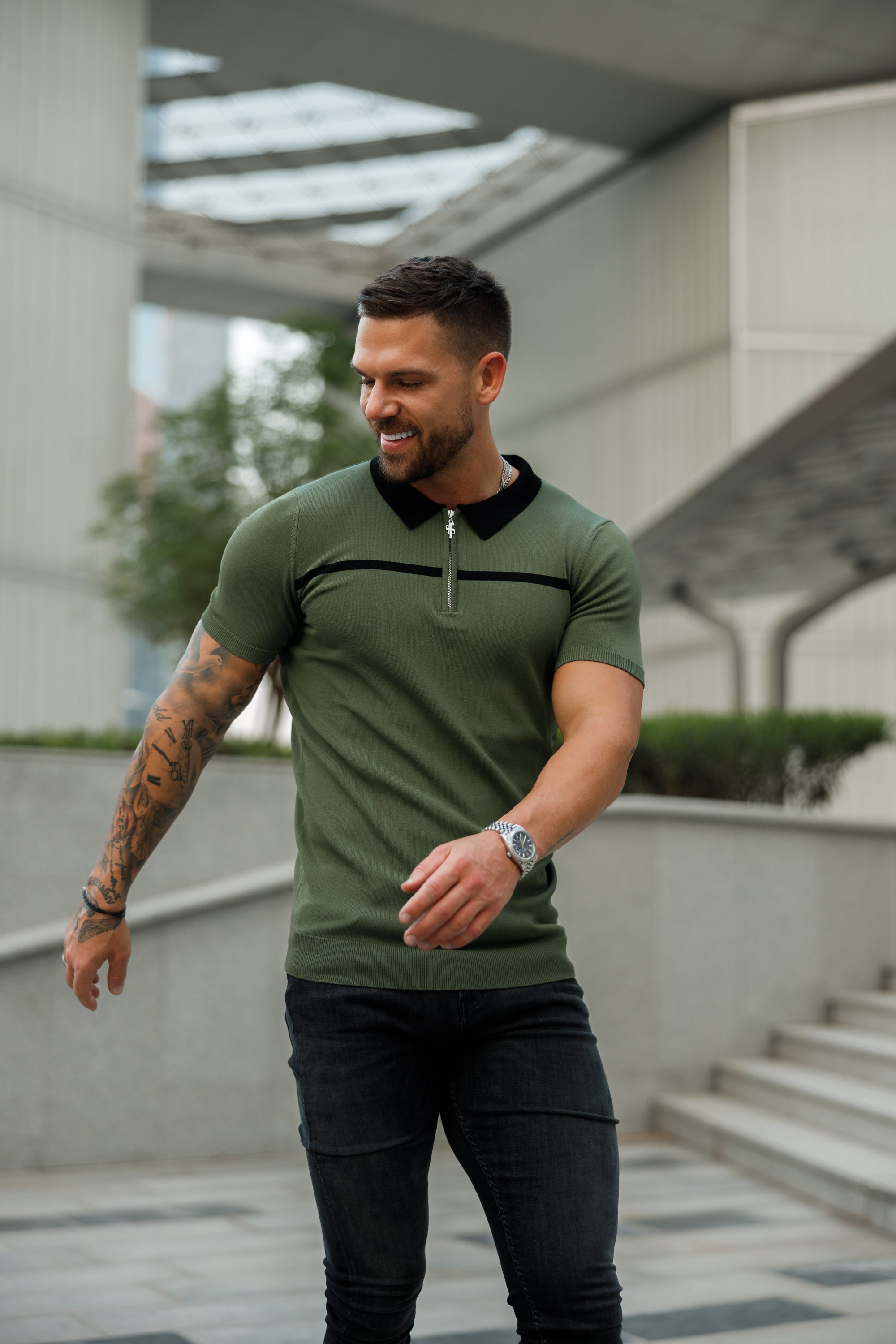 Classic Khaki / Black Horizontal Stripe Zipped Polo Short Sleeve - FSN042