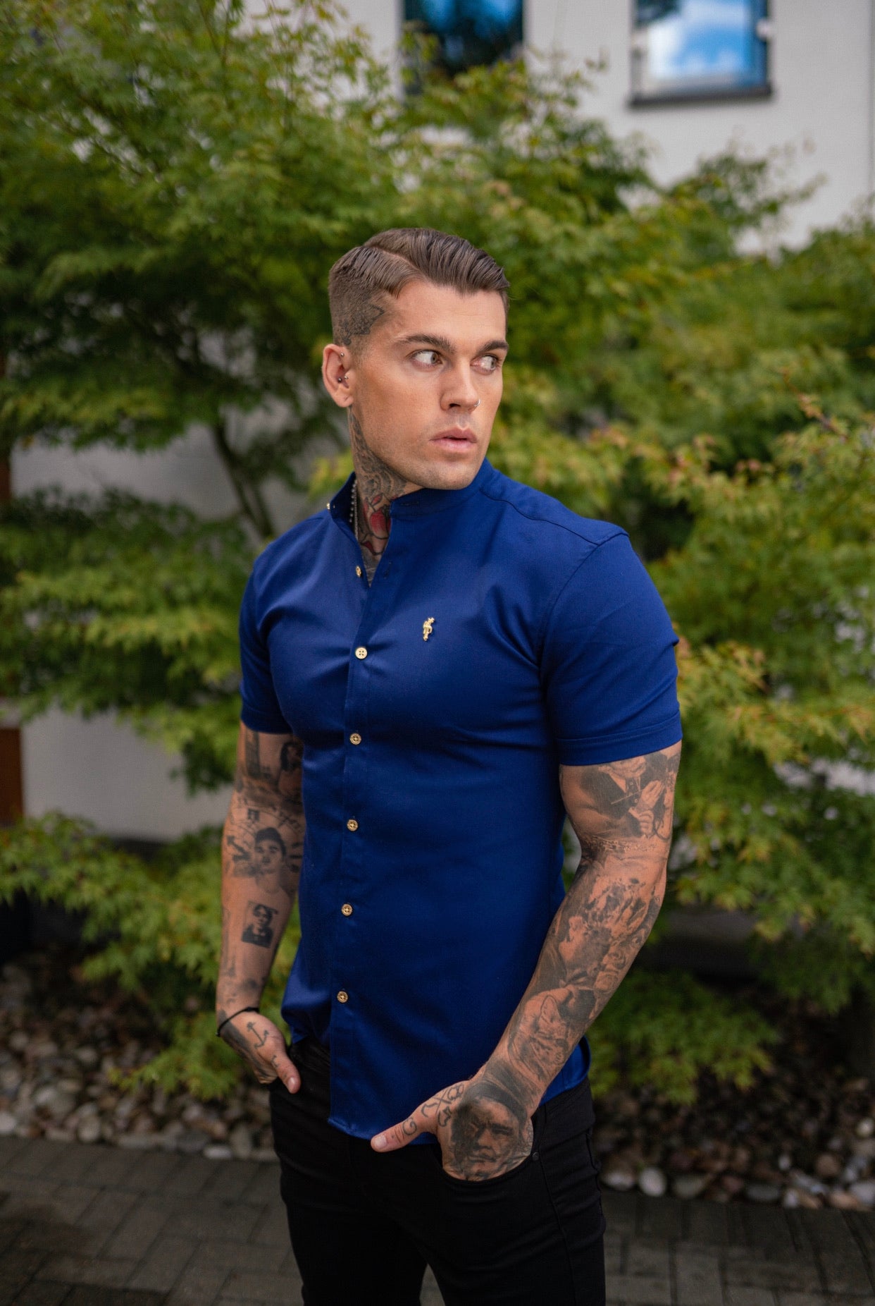 Super Slim Stretch Navy Denim Short Sleeve Grandad collar with Metal Buttons and Decal Emblem - FS714