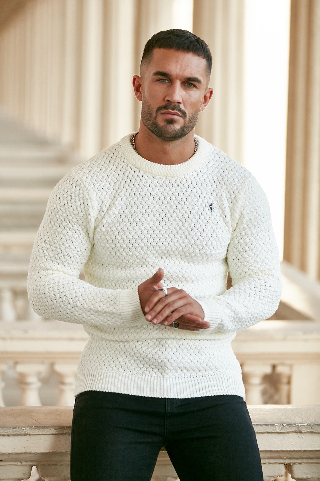 Cream Knitted Weave Super Slim Jumper With Metal Decal - FSJ012