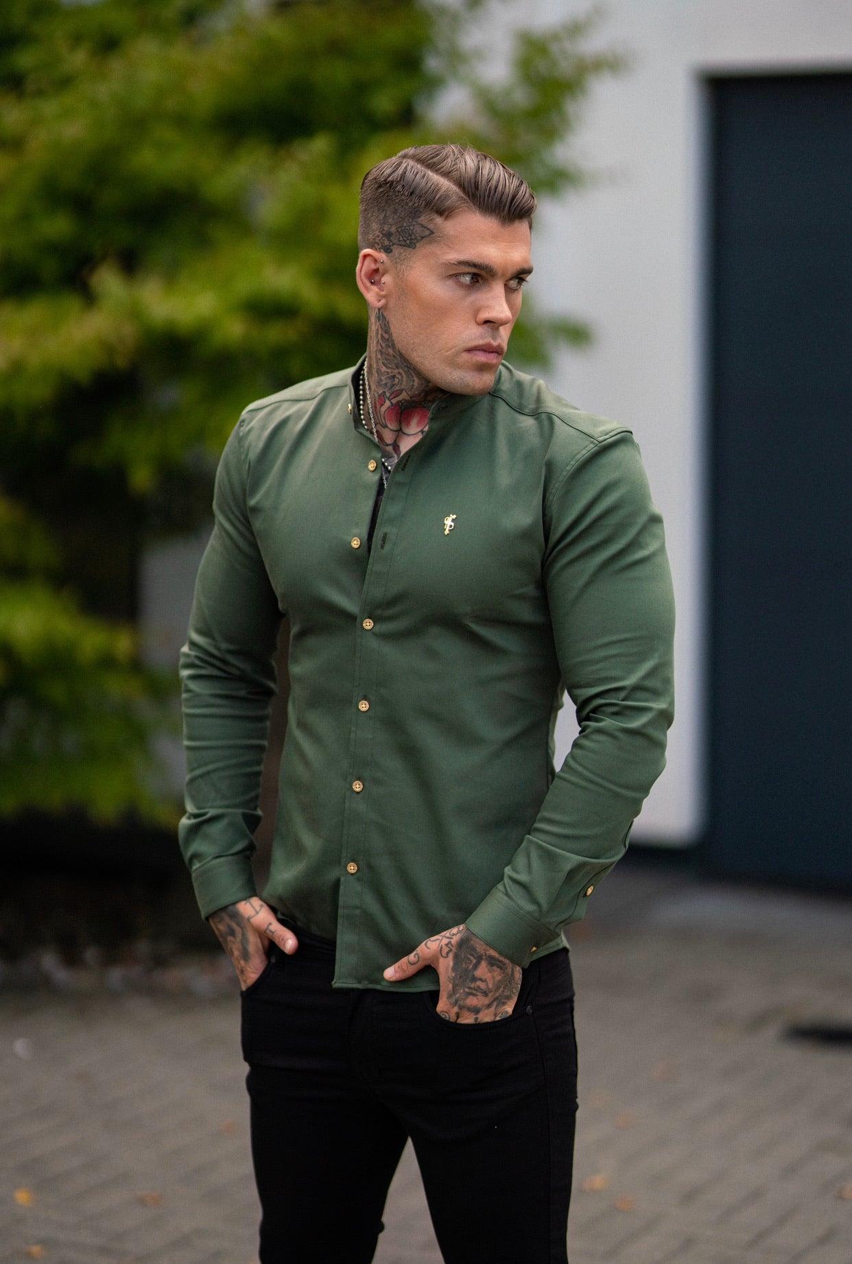 Super Slim Stretch Khaki Denim Long Sleeve Grandad collar with Metal Buttons and Decal Emblem - FS715