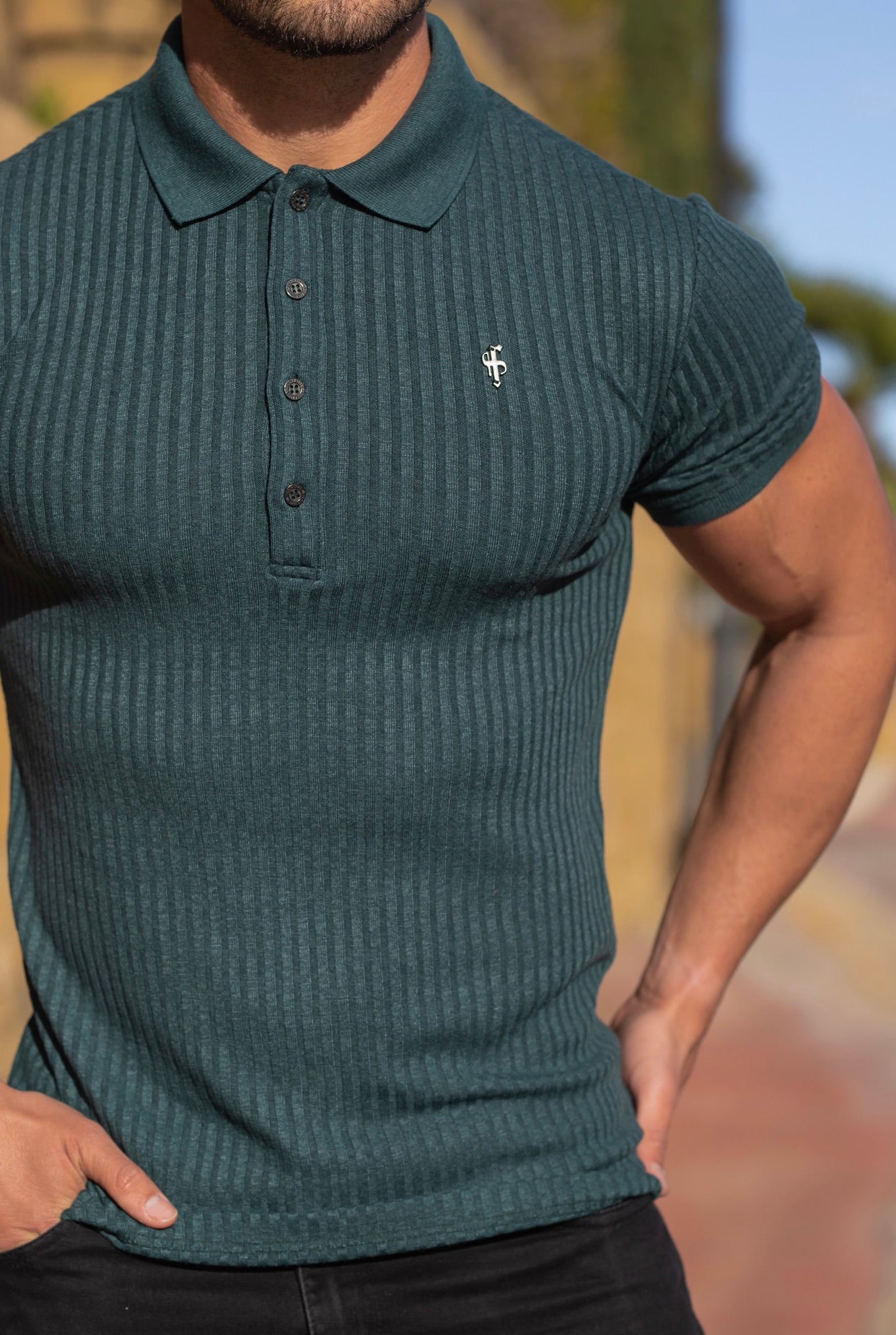 Classic Forest Green Ribbed Polo Shirt Short Sleeve with Black Metal Emblem Decal & Buttons- FSH584