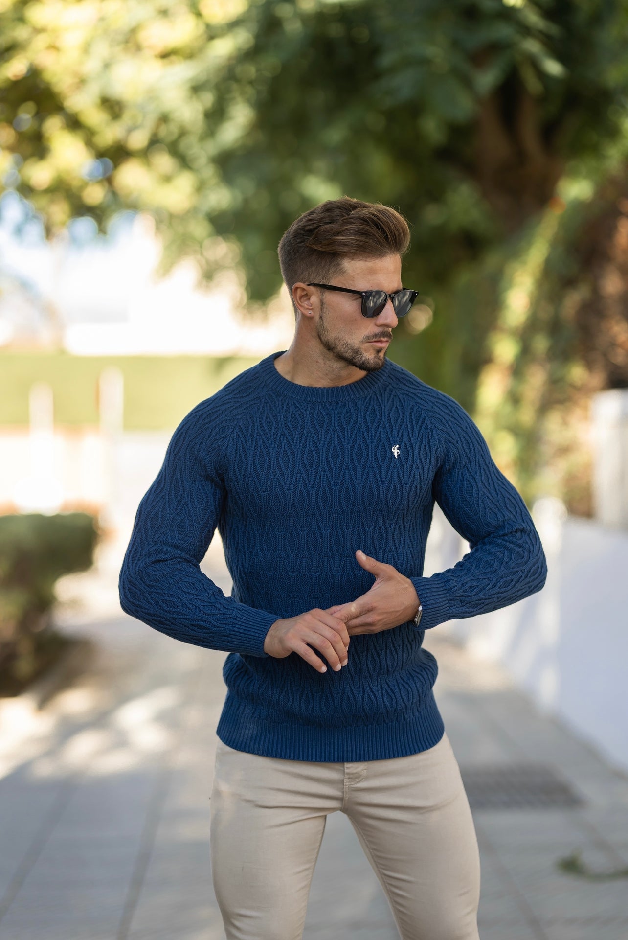 Air Force Blue Knitted Elongated Diamond Crew Super Slim Raglan Jumper With Metal Decal - FSN046