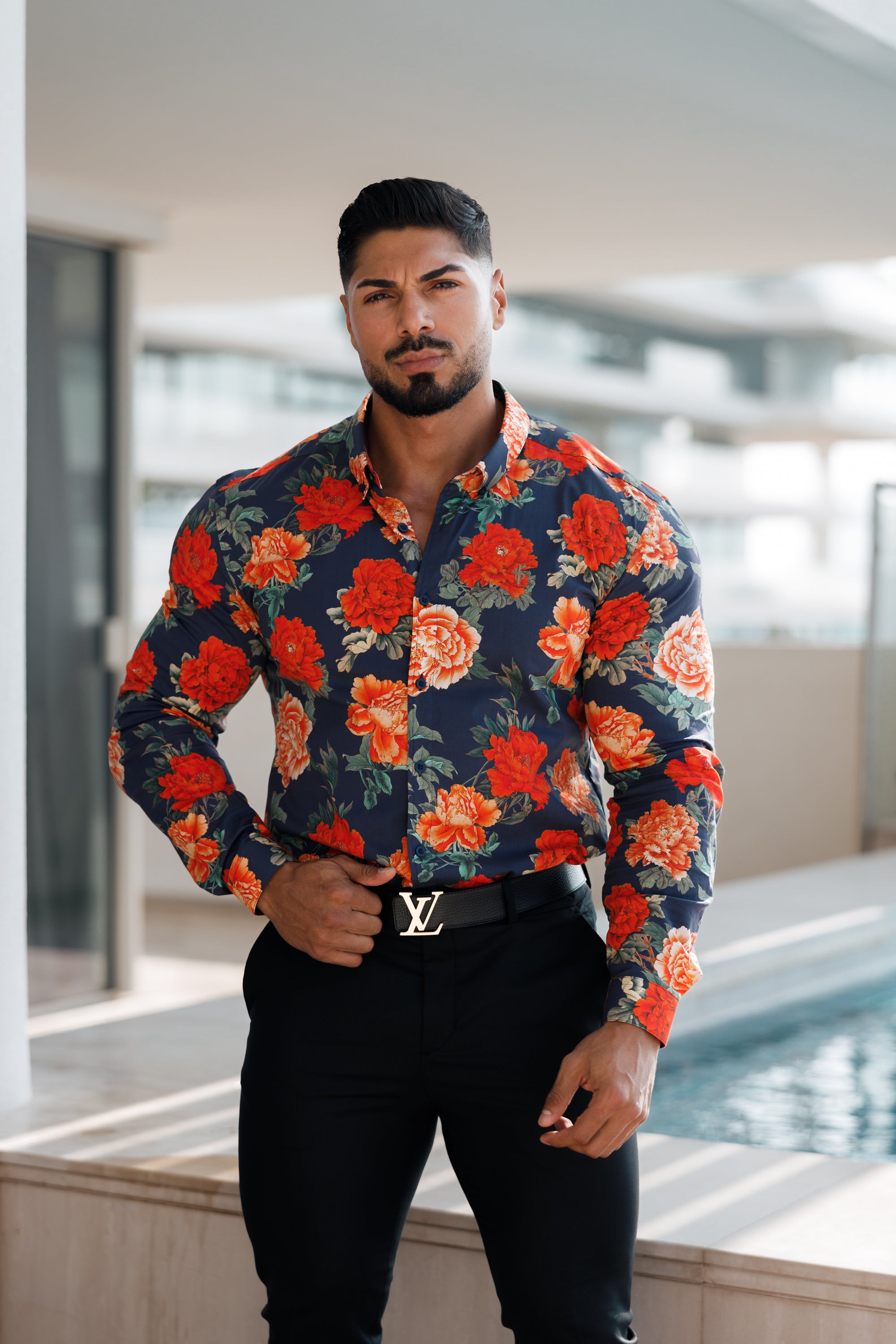 Super Slim Stretch Navy and Red Floral Print Long Sleeve with Button Down Collar - FS840