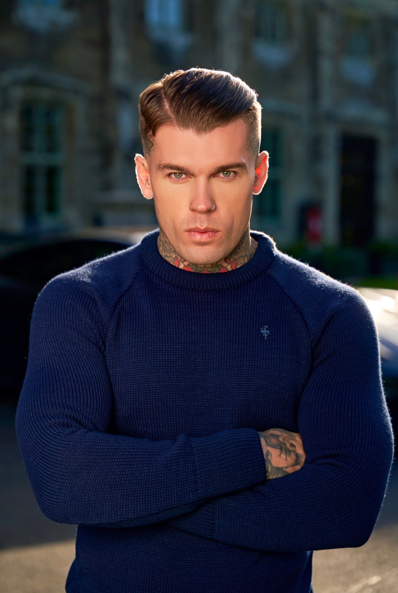 Navy Knitted Raglan Crew Super Slim Jumper With Metal Decal - FSJ051