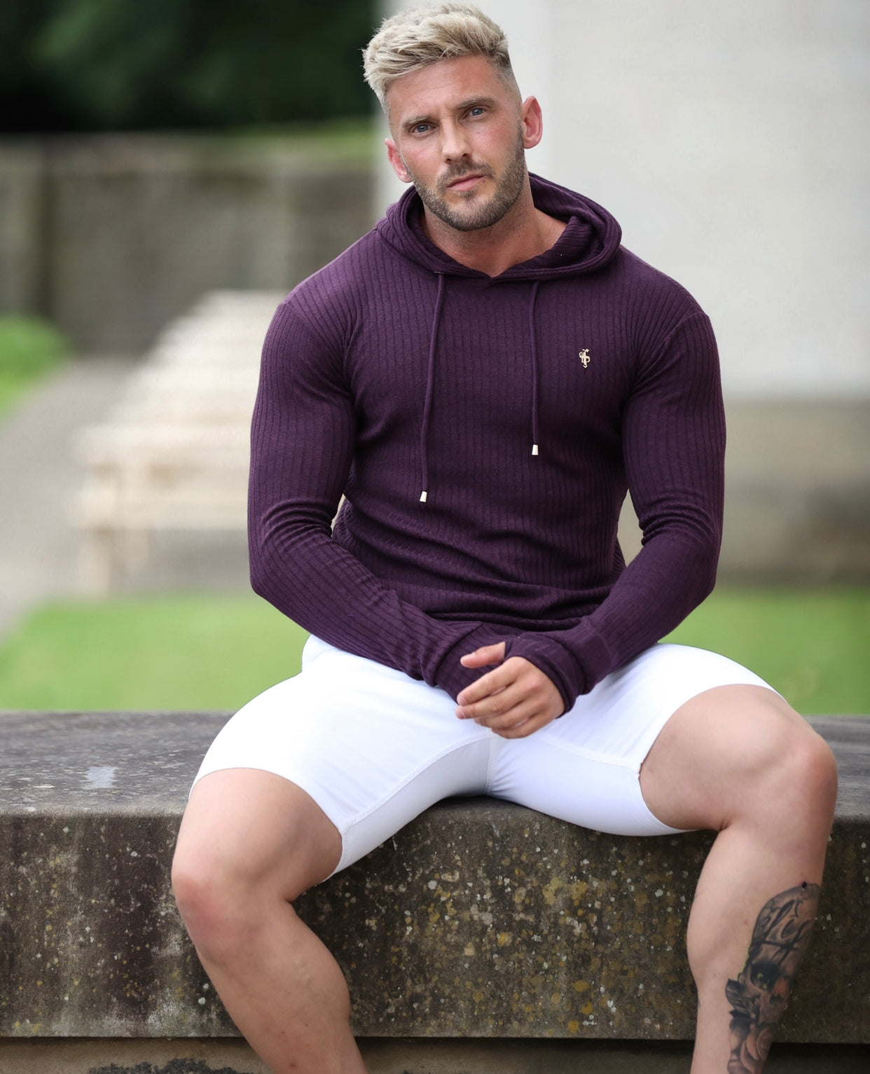 Classic Plum Ribbed Knit Hoodie Jumper With Gold Emblem - FSH623