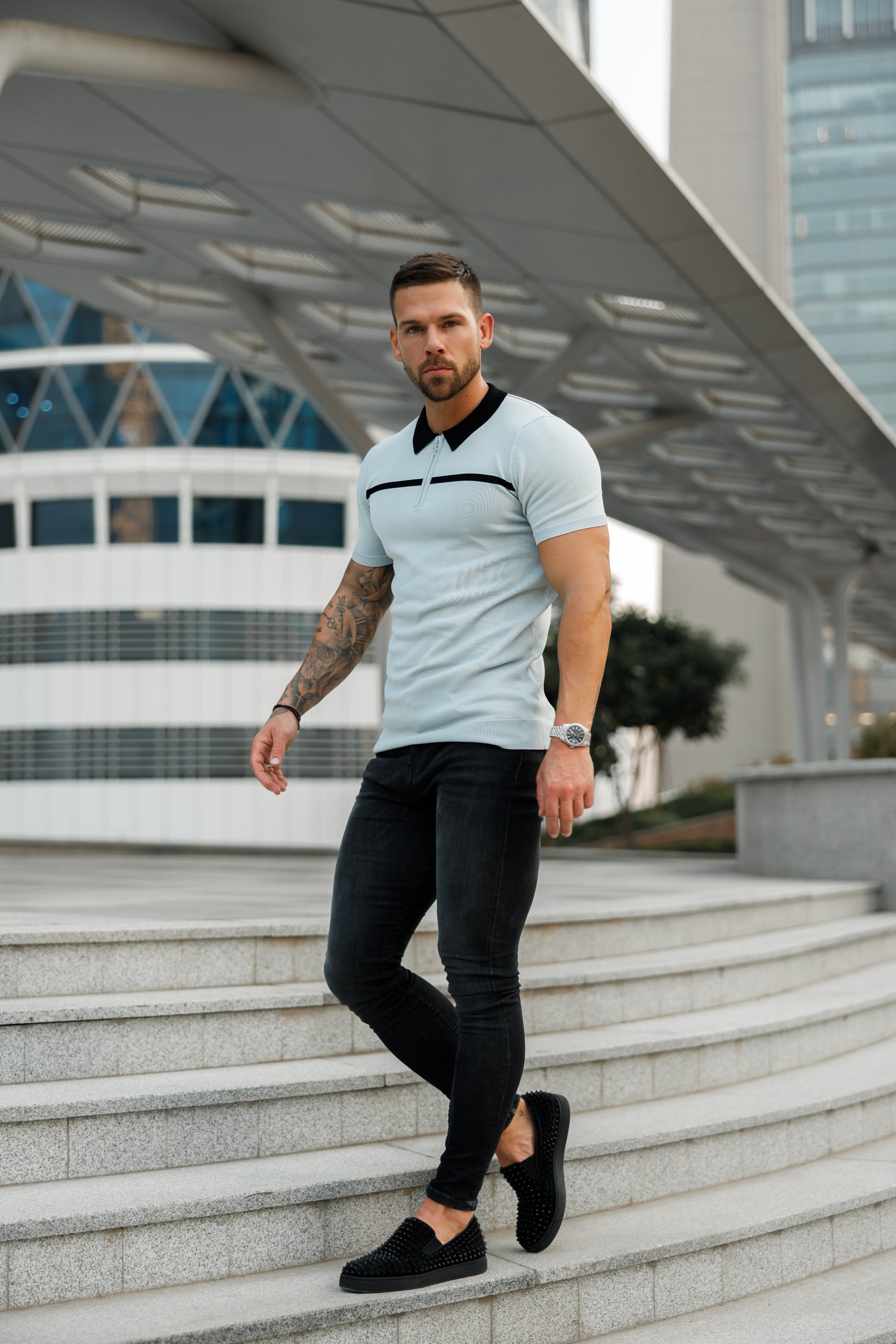 Classic Silver Grey / Black Horizontal Stripe Zipped Polo Short Sleeve - FSN040
