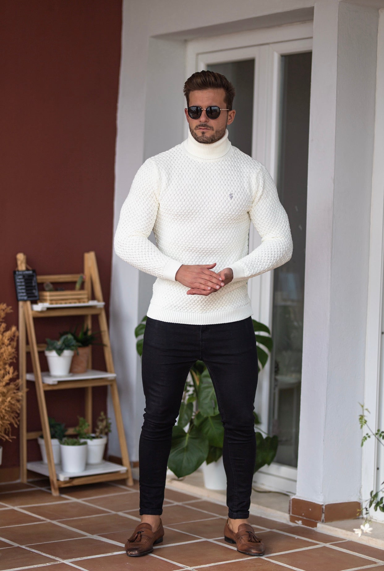 Cream Knitted Roll Neck Weave Super Slim Jumper With Metal Decal - FSJ026