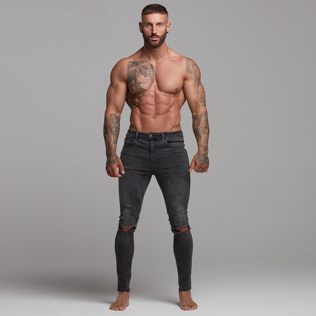 Stretch Washed Black Ripped Tapered Ankle Skinny Jeans - FSH227