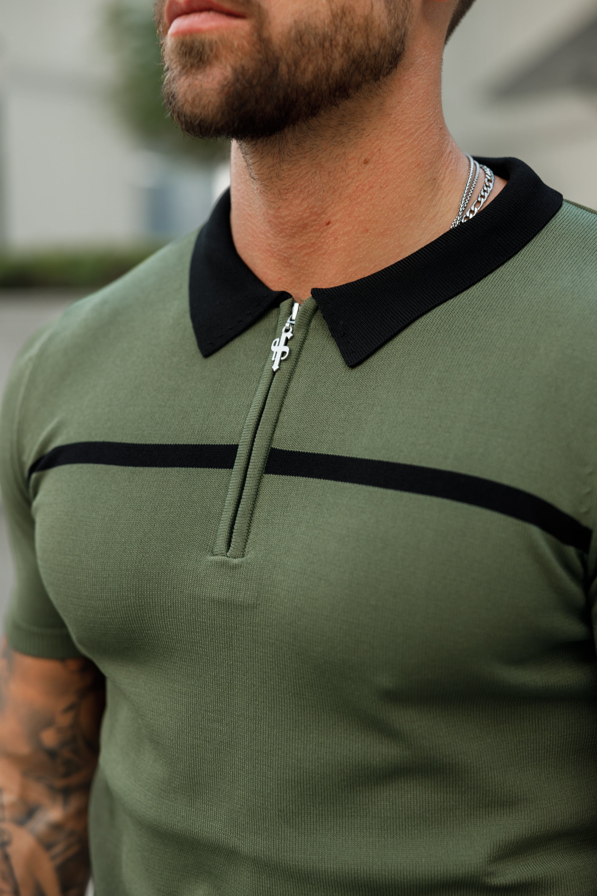 Classic Khaki / Black Horizontal Stripe Zipped Polo Short Sleeve - FSN042