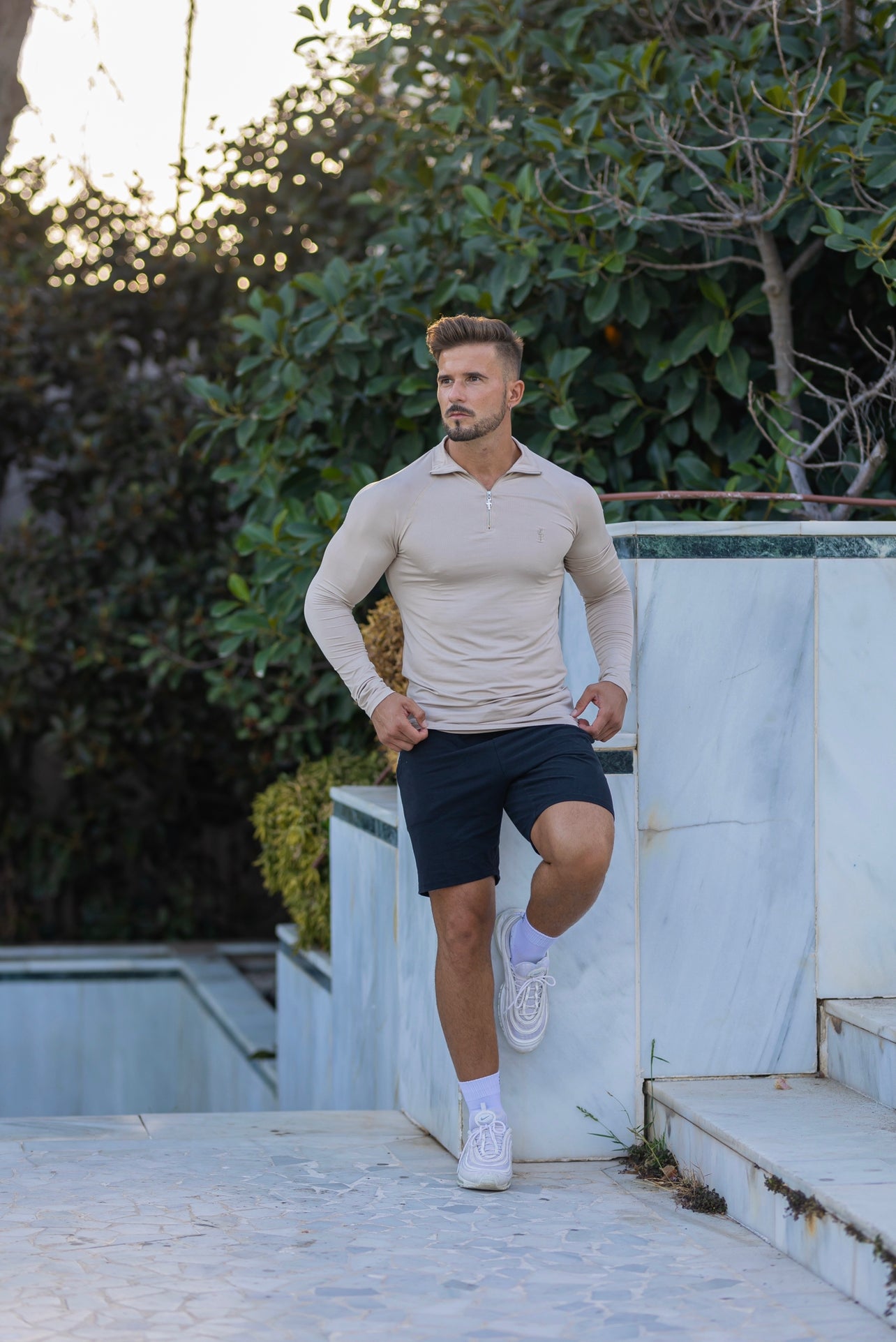 Long Sleeve Beige Half Zip Gym Top - FSH749