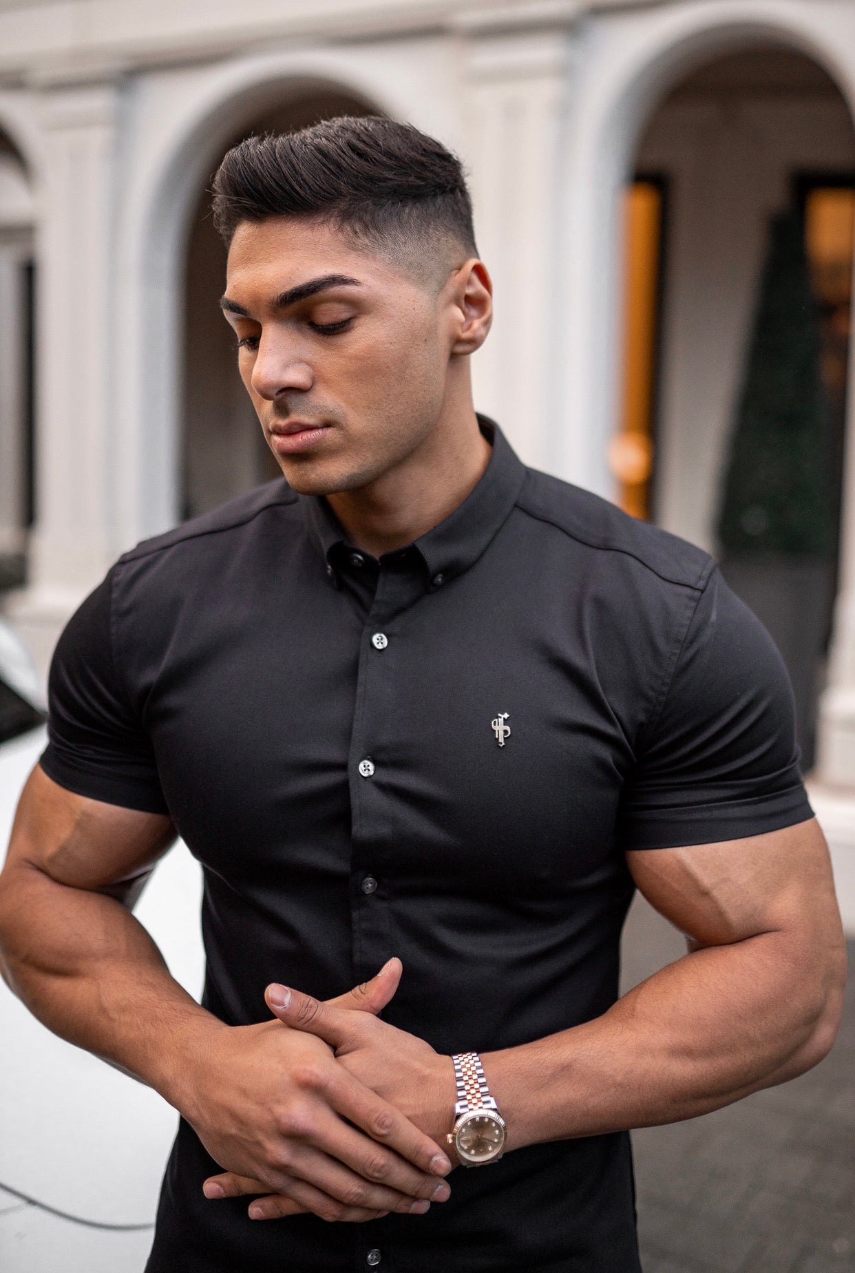 Super Slim Stretch Black Denim Short Sleeve with Metal Decal Emblem - FS643