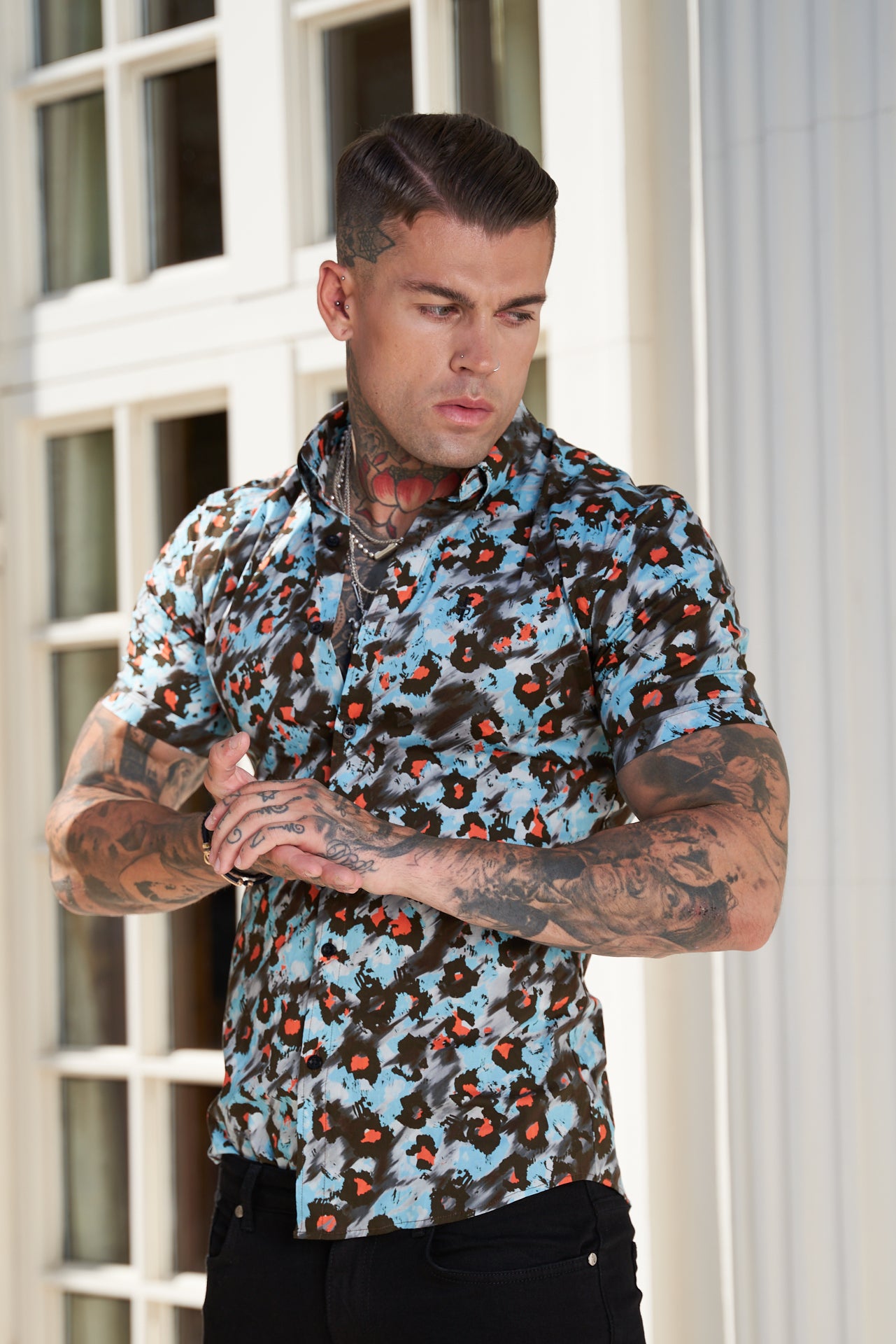 Super Slim Stretch Multi Colour Abstract Leopard Print Short Sleeve with Button Down Collar - FS790