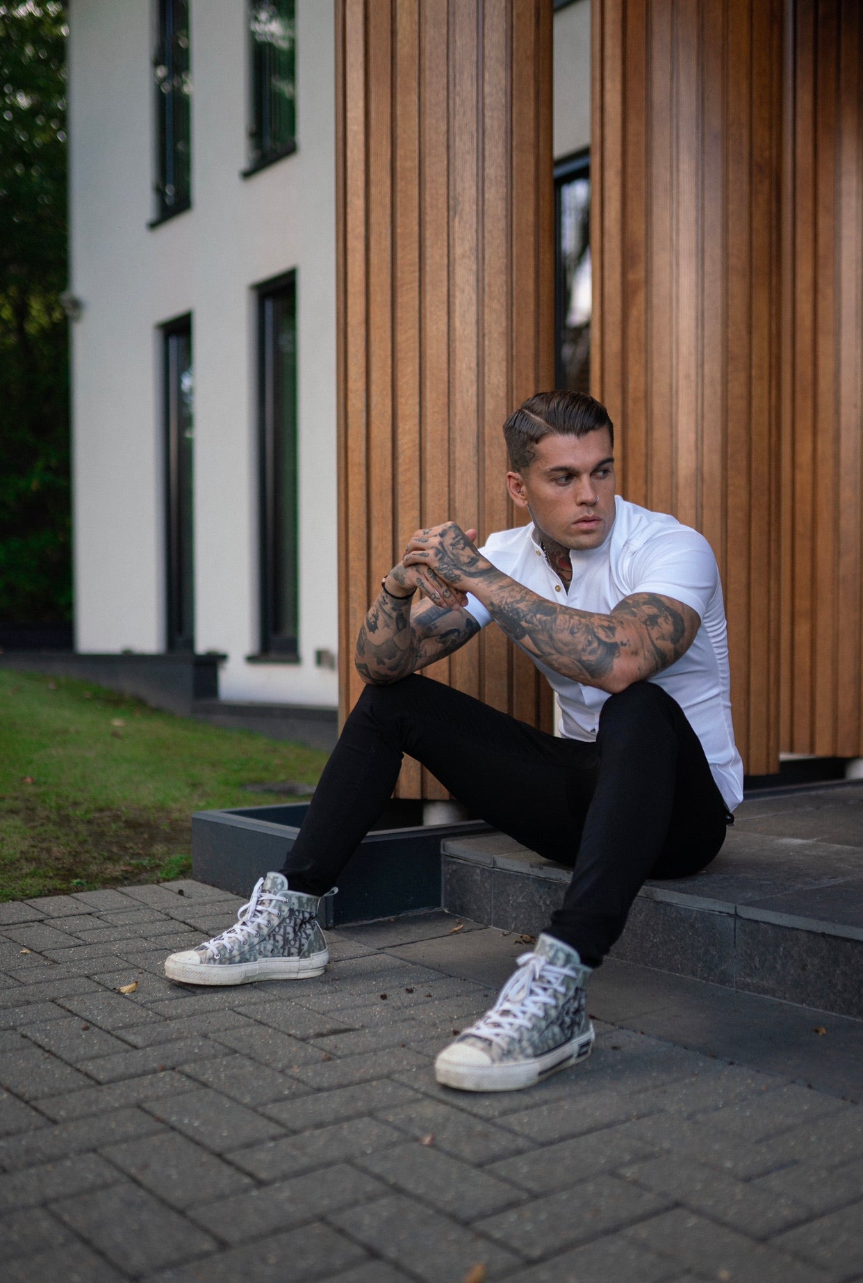 Super Slim Stretch White Denim Short Sleeve Grandad collar with Metal Buttons and Decal Emblem - FS720