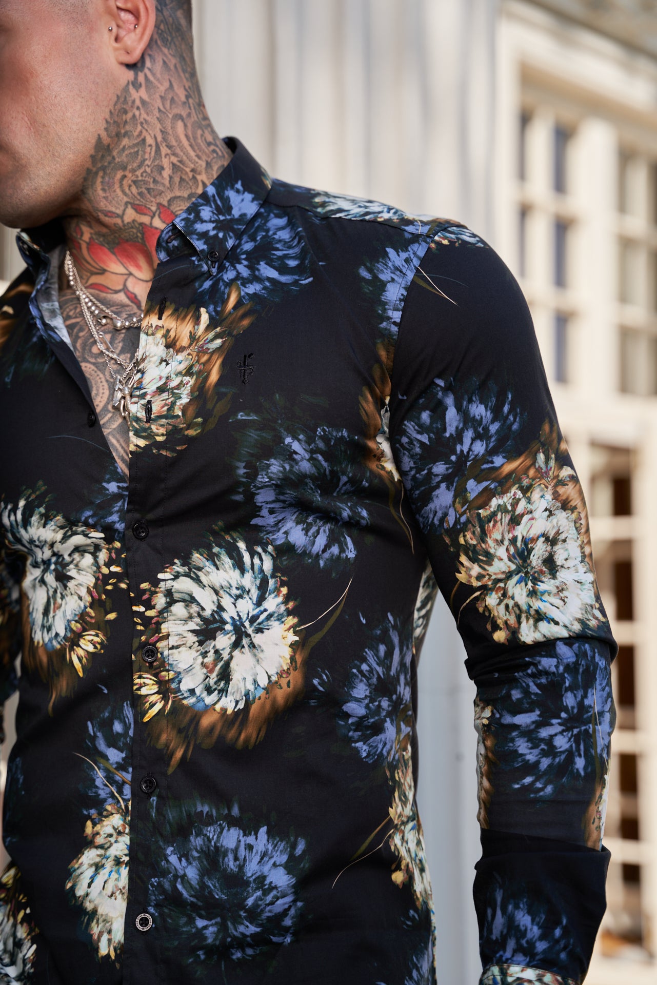 Super Slim Stretch Black Base Blurred Flower Print Long Sleeve with Button Down Collar - FS800