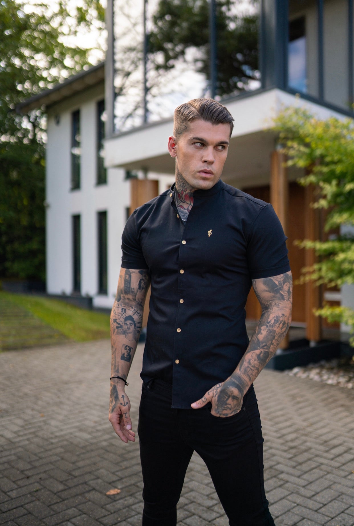 Super Slim Stretch Black Denim Short Sleeve Grandad collar with Metal Buttons and Decal Emblem - FS708