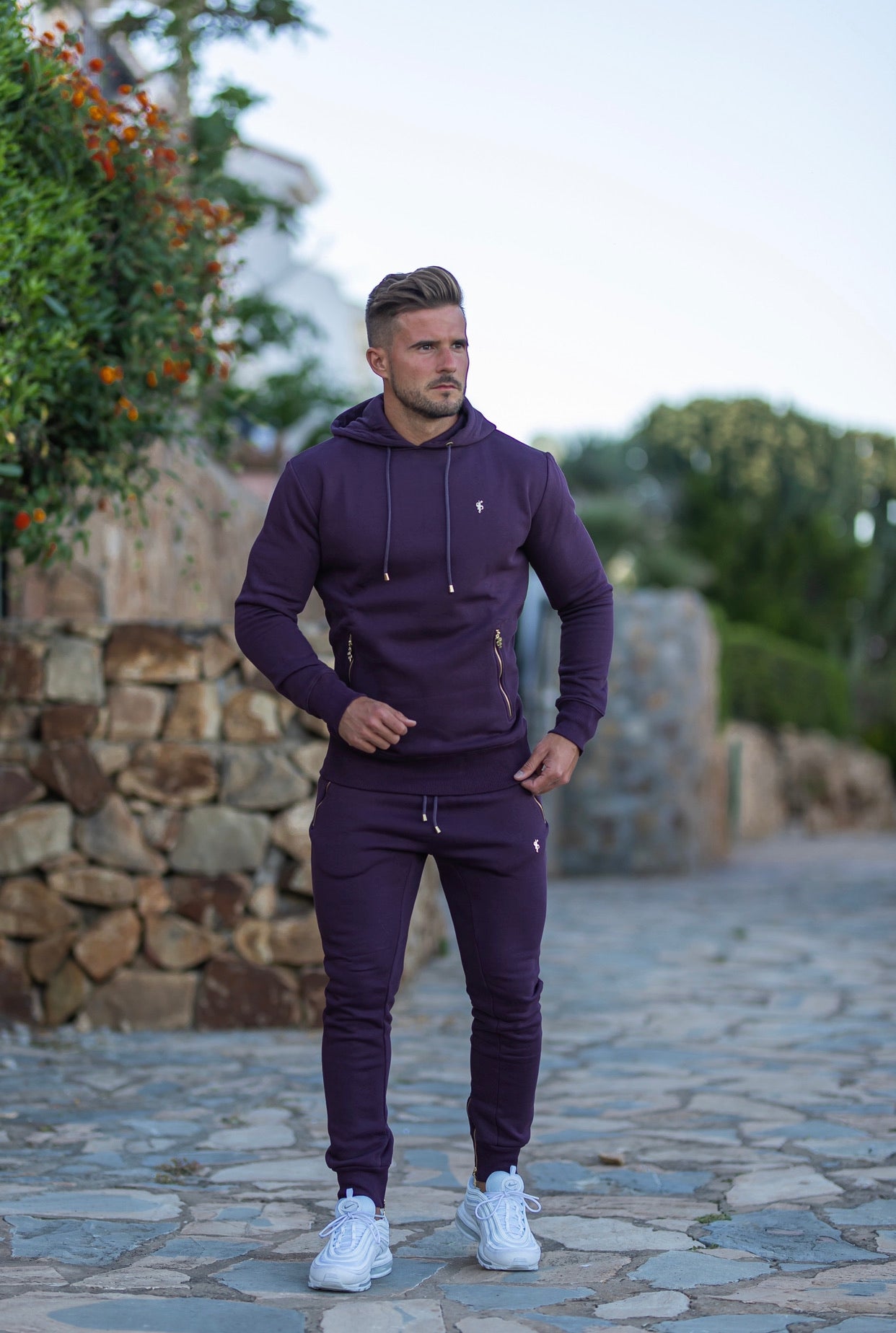 Plum / Purple & Gold Overhead Hoodie Top with Zipped Pockets - FSH485