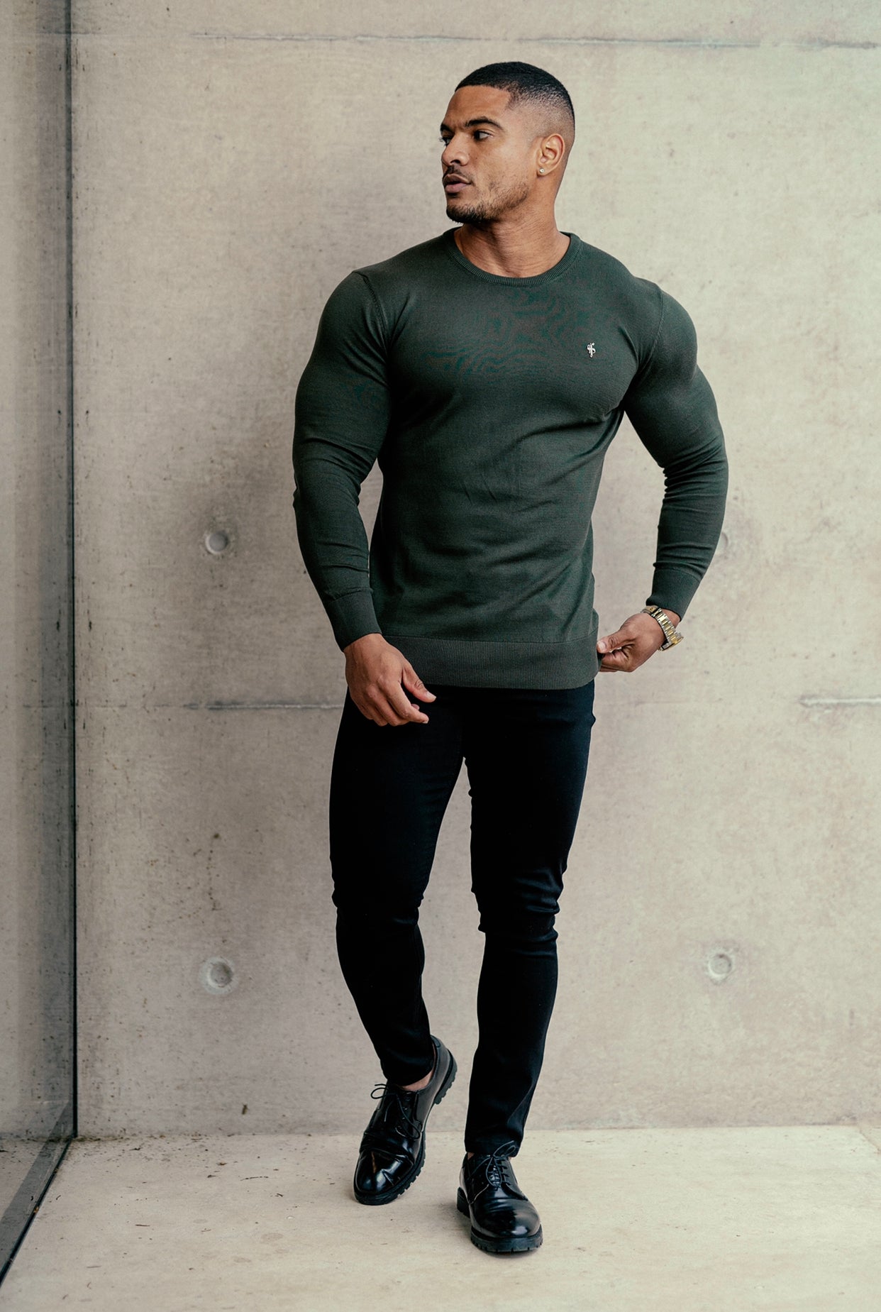 Classic Khaki Crew Neck Knitted Jumper with Gunmetal Emblem - FSH671