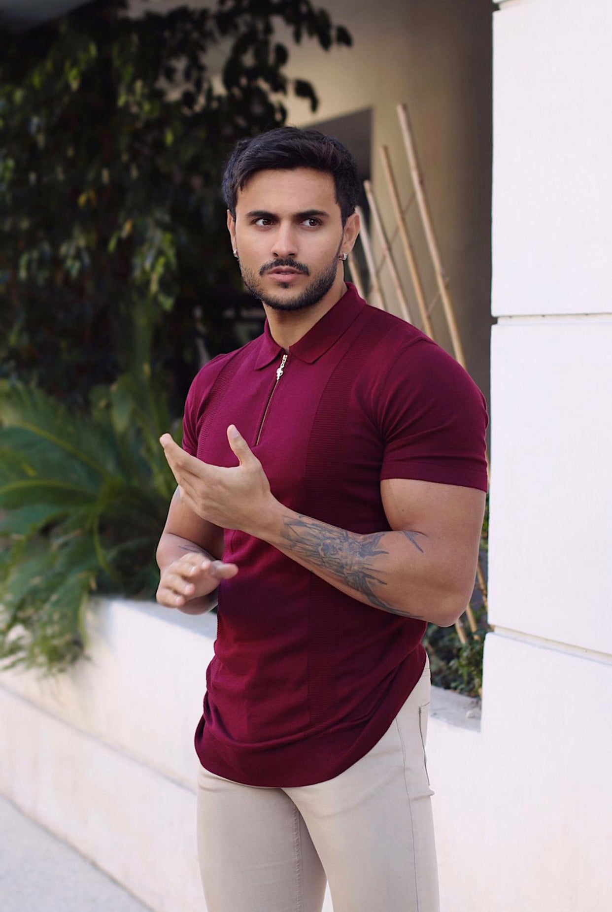 Classic Fig Burgundy and Gold Zip Knitted Short Sleeve Polo - FSH466
