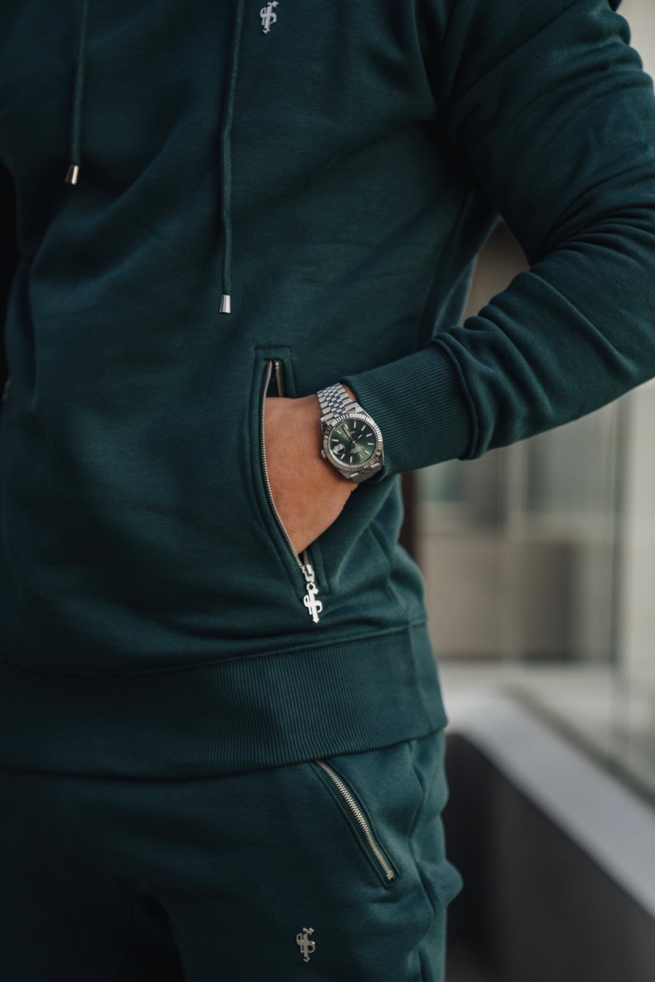 Forest Green / Silver Overhead Hoodie Top with Zipped Pockets - FSH799