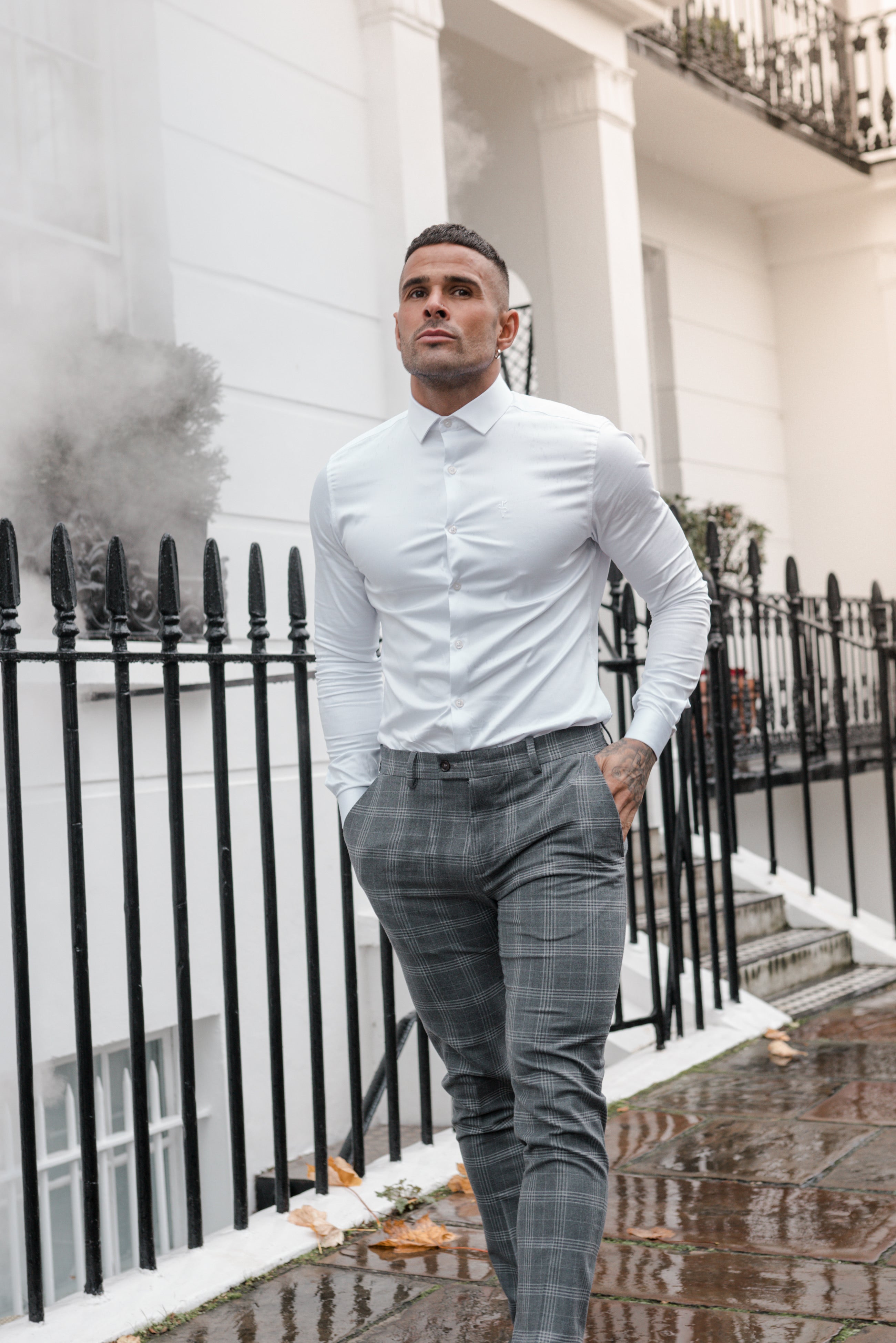 Slim Formal Large Silver Grey Check Stretch Trousers - FST005