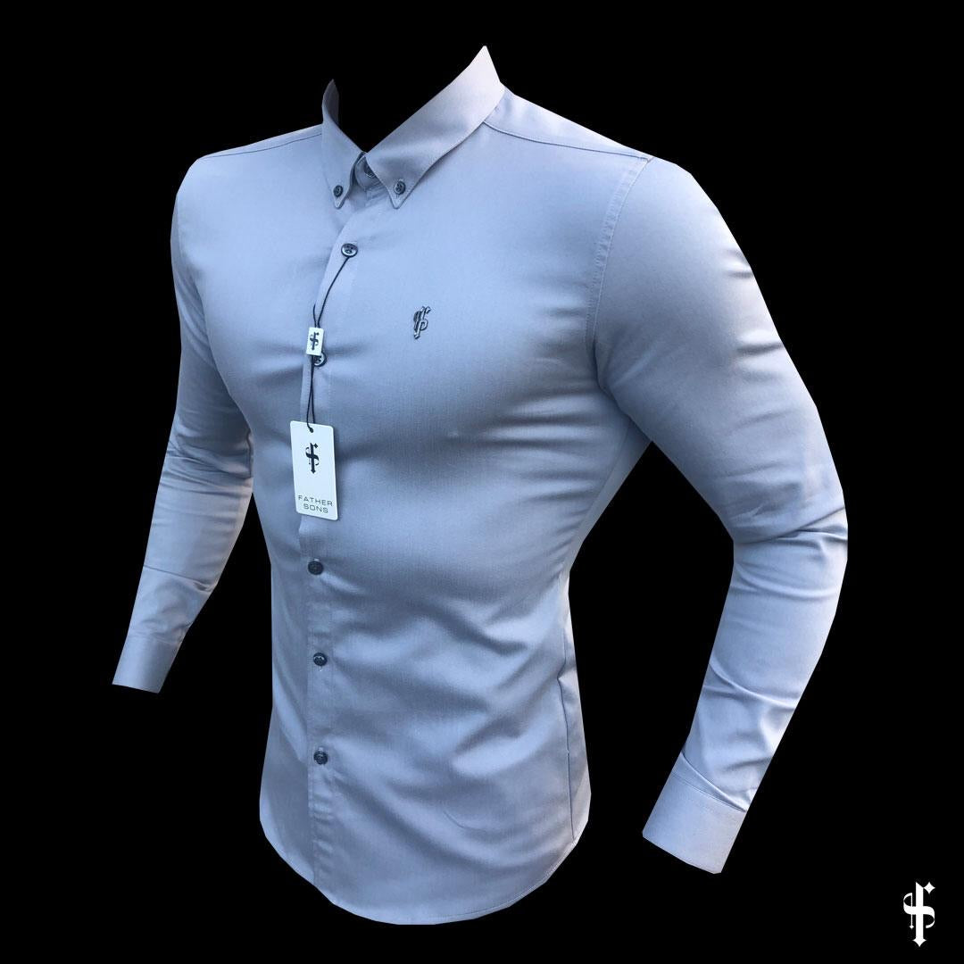 Super Slim Stretch Grey Denim Long Sleeve with Metal Decal Emblem - FS638