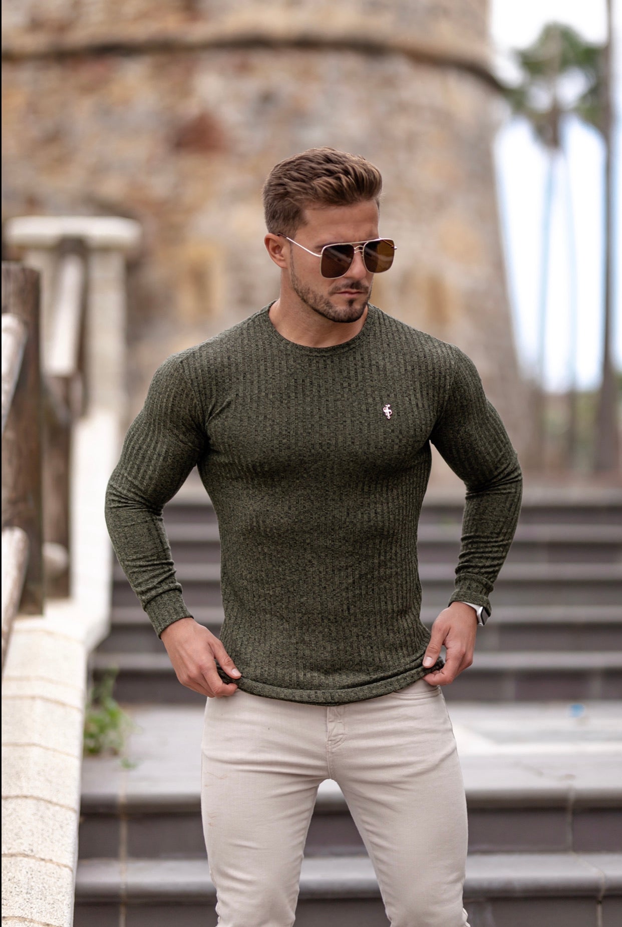 Classic Khaki Ribbed Knit Jumper With Gold Emblem - FSH536
