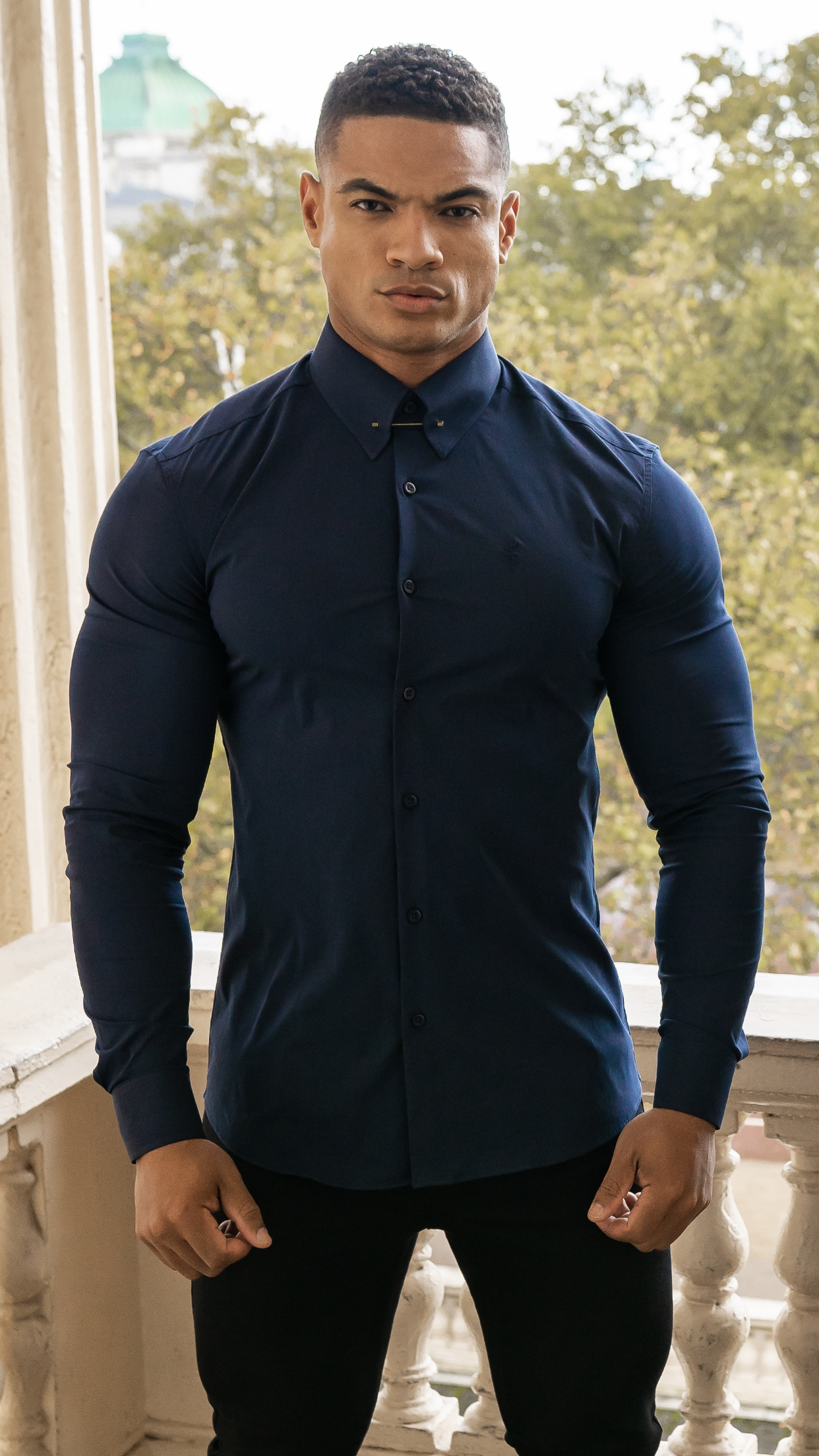 Classic Navy Stretch Shirt with Gold Pin Collar - FS570