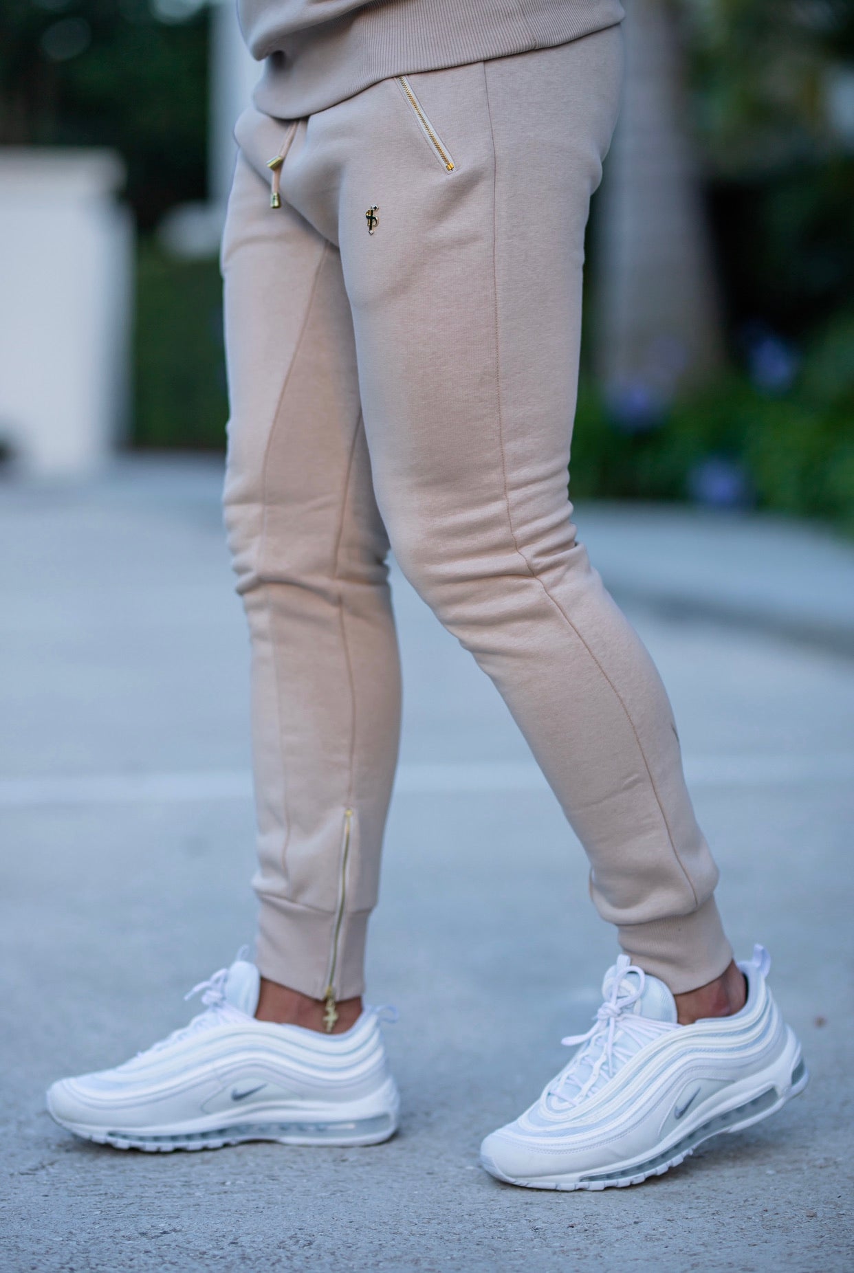 Beige & Gold Overhead Hoodie Top with Zipped Pockets - FSH483