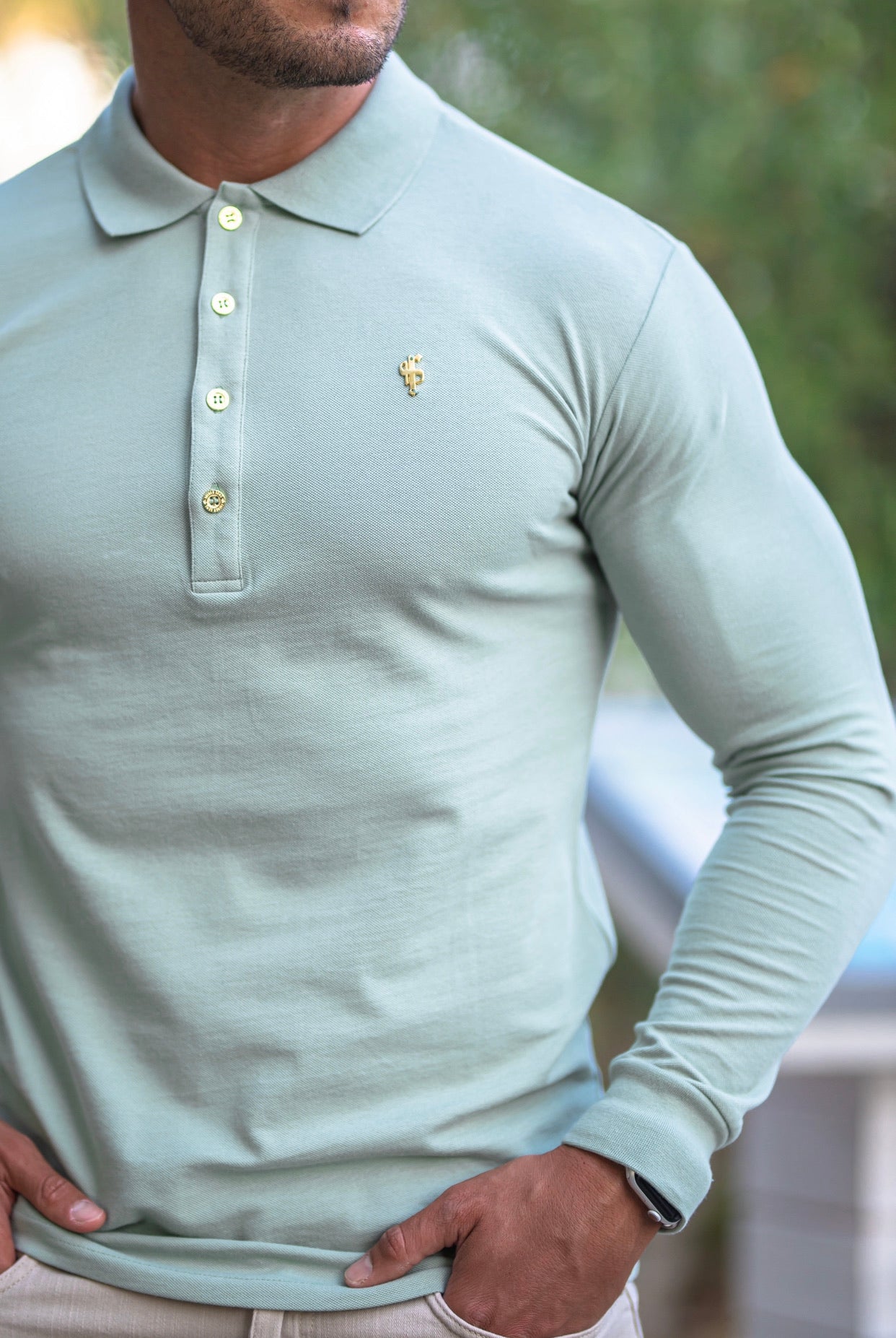 Classic Long Sleeve Sage Green Polo Shirt with Gold Metal Emblem Decal & Buttons - FSH501