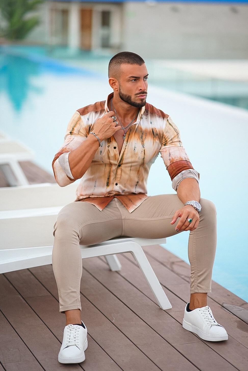 Super Slim Stretch Neutral Tie Dye Print Long Sleeve with Button Down Collar - FS812