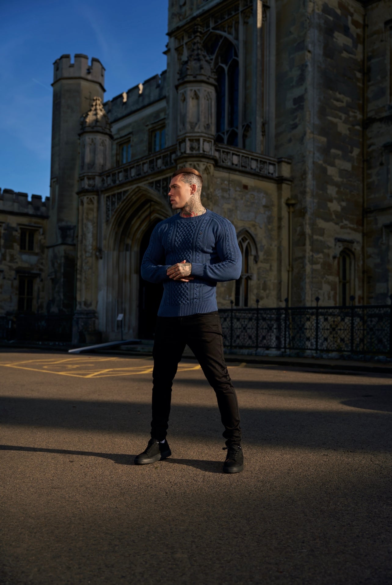 Navy Knitted Cable Saddle Crew Super Slim Jumper With Metal Decal - FSN074