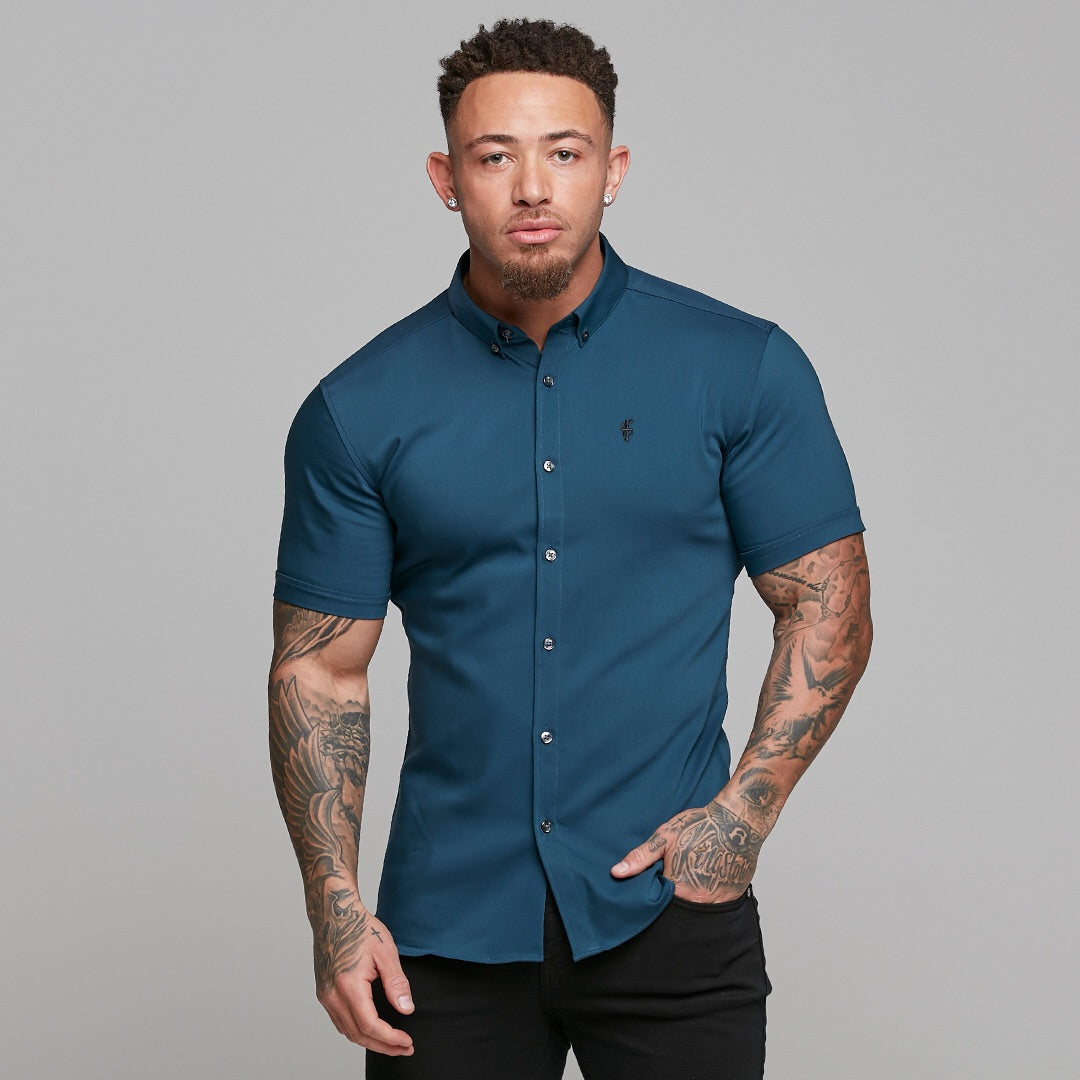 Super Slim Ultra Stretch Classic Teal Short Sleeve (Charcoal Buttons) - FS485