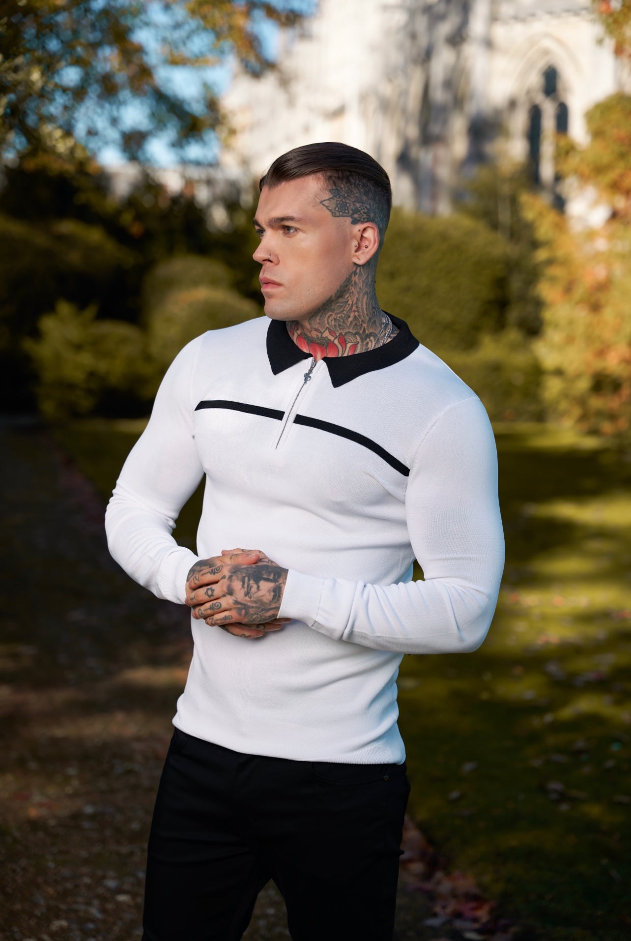 Classic White / Black Horizontal Stripe Zipped Polo Long Sleeve - FSN050