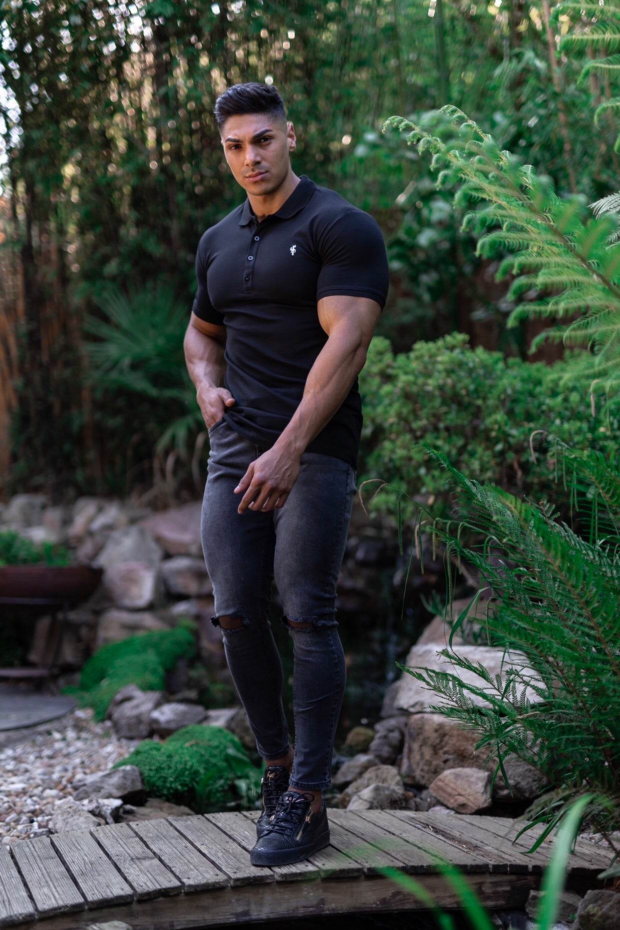 Stretch Washed Black Ripped Tapered Ankle Skinny Jeans - FSH227