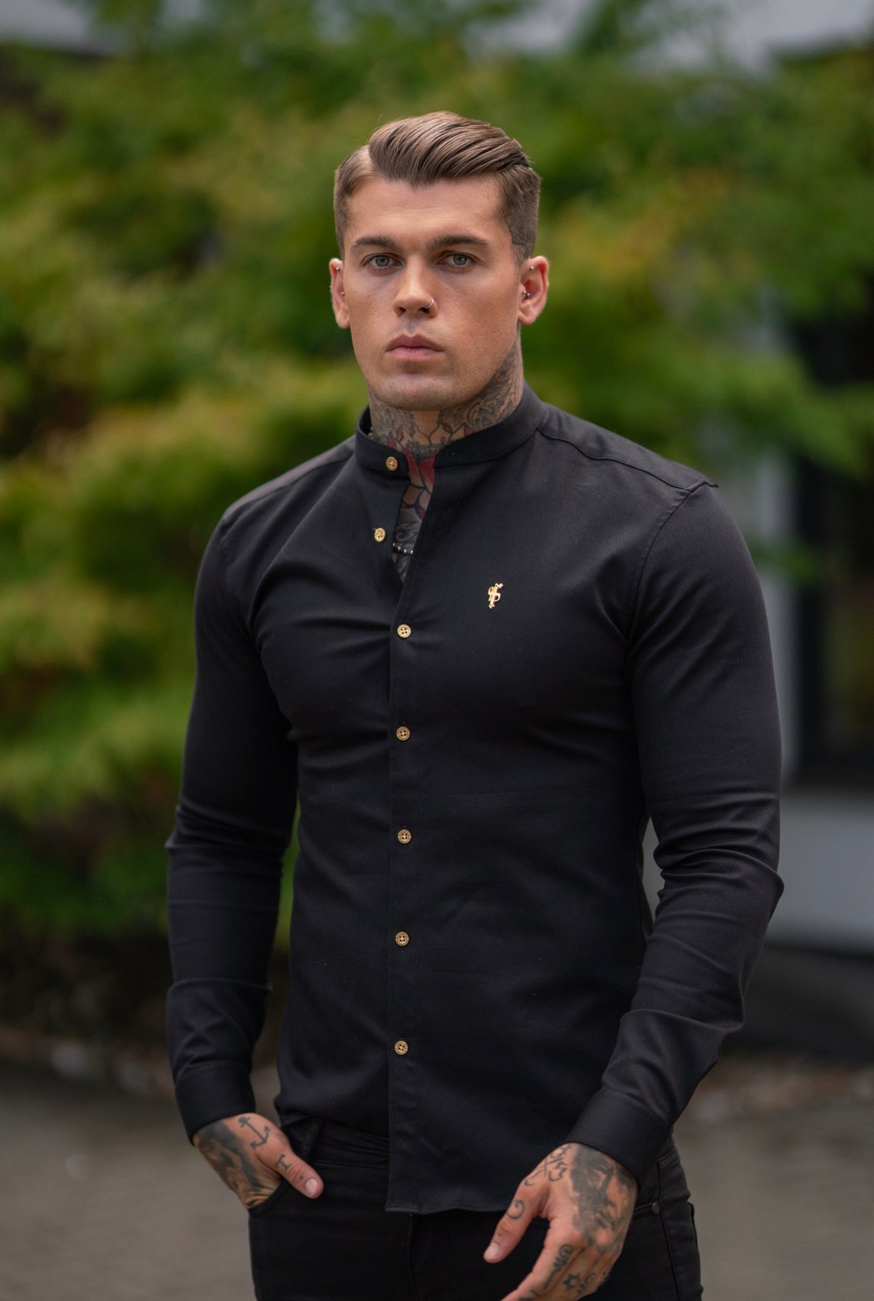 Super Slim Stretch Black Denim Long Sleeve Grandad collar with Metal Buttons and Decal Emblem - FS707