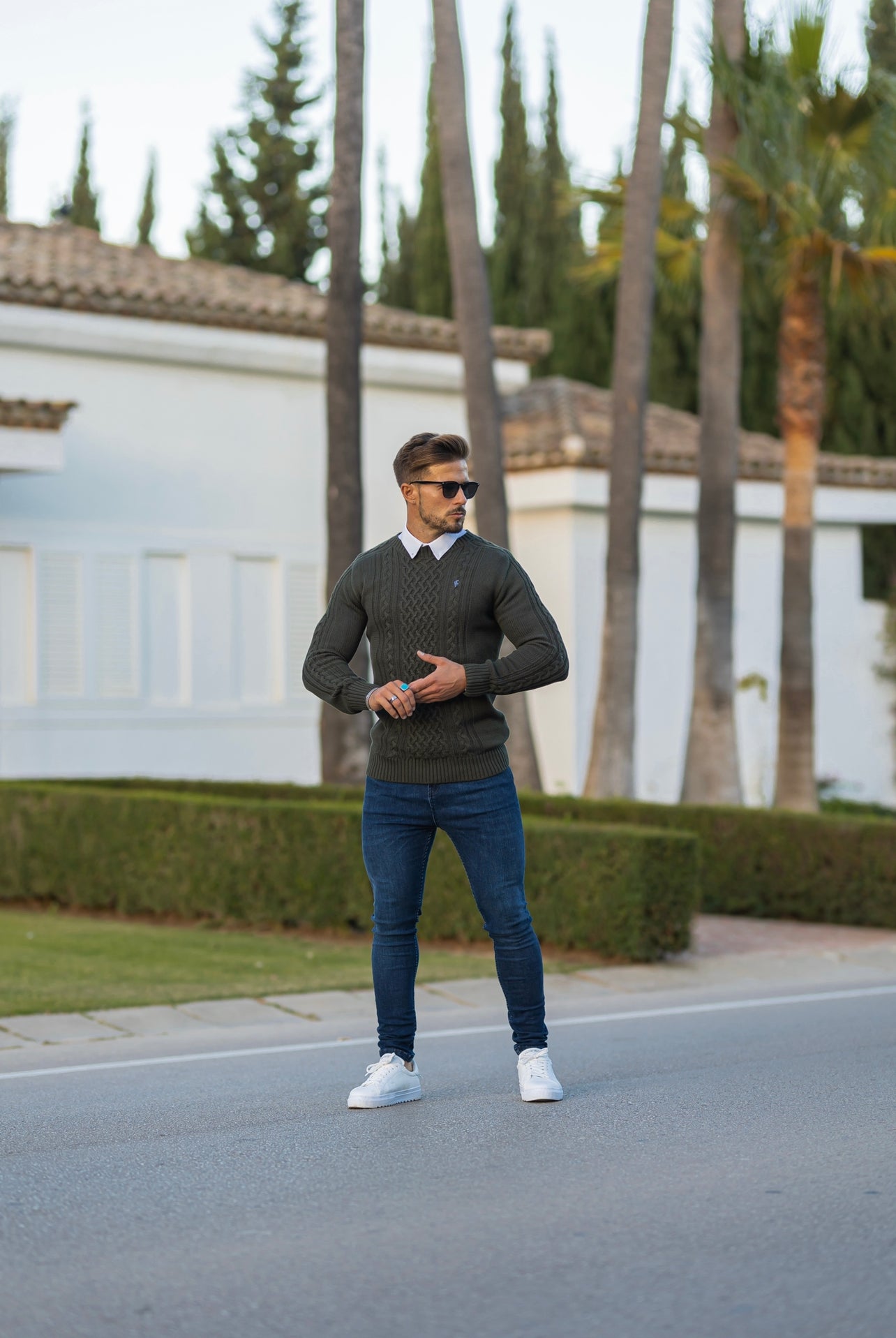 Khaki Knitted Cable Saddle Crew Super Slim Jumper With Metal Decal - FSN078