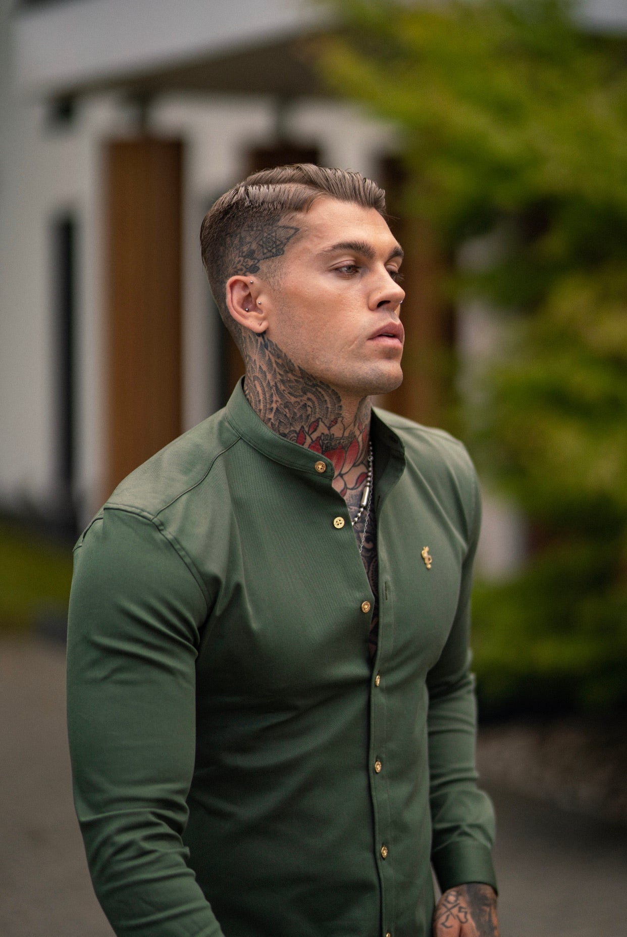 Super Slim Stretch Khaki Denim Long Sleeve Grandad collar with Metal Buttons and Decal Emblem - FS715