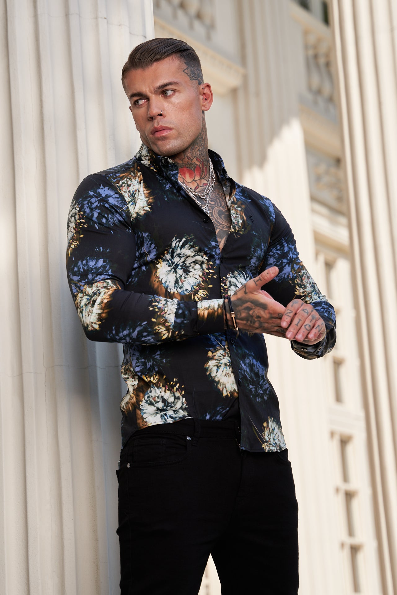 Super Slim Stretch Black Base Blurred Flower Print Long Sleeve with Button Down Collar - FS800