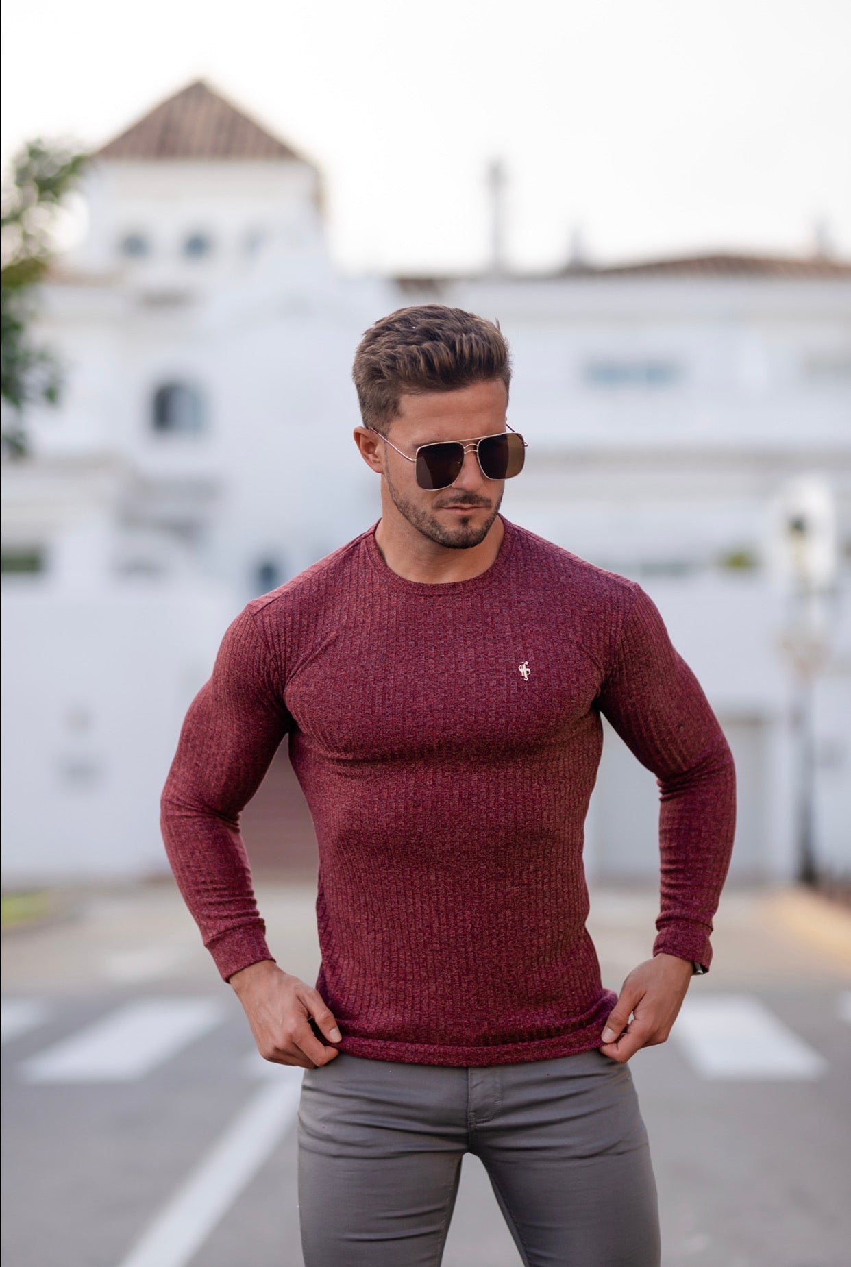 Classic Claret Ribbed Knit Jumper With Gold Metal Emblem - FSH538