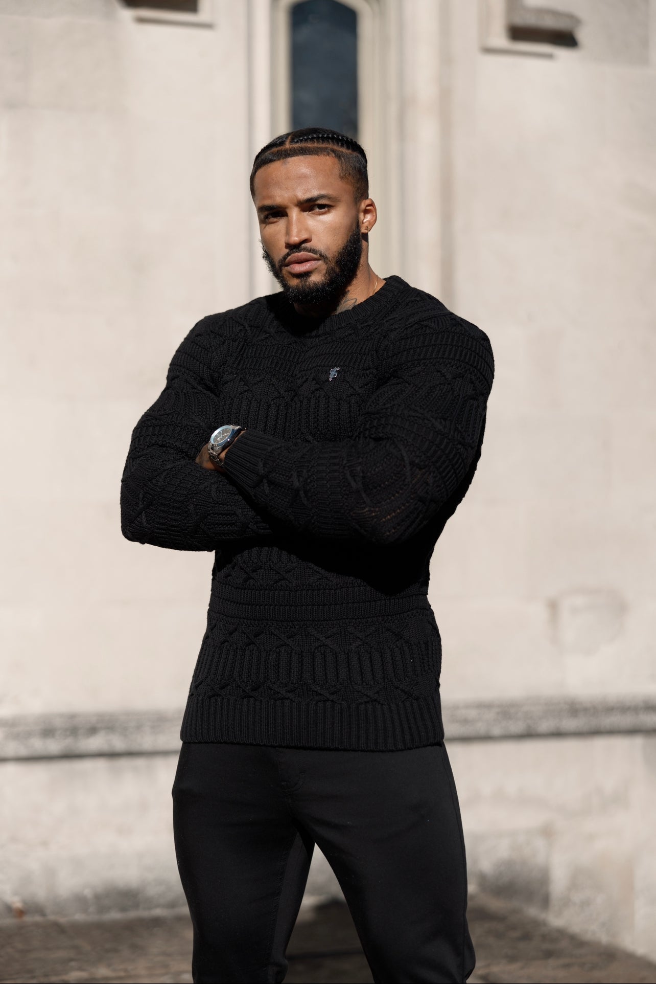 Black Knitted Cable Link Crew Super Slim Jumper With Metal Decal - FSN068