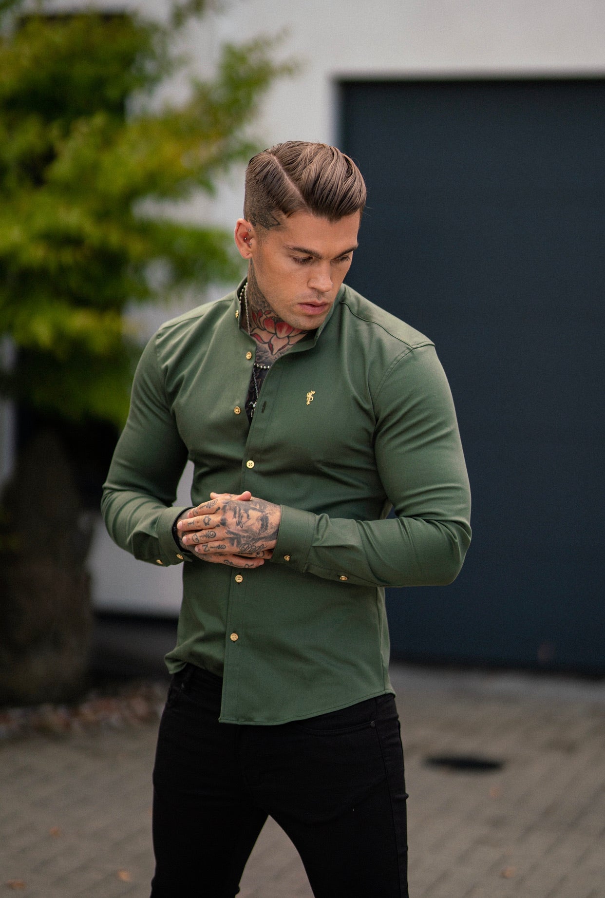 Super Slim Stretch Khaki Denim Long Sleeve Grandad collar with Metal Buttons and Decal Emblem - FS715