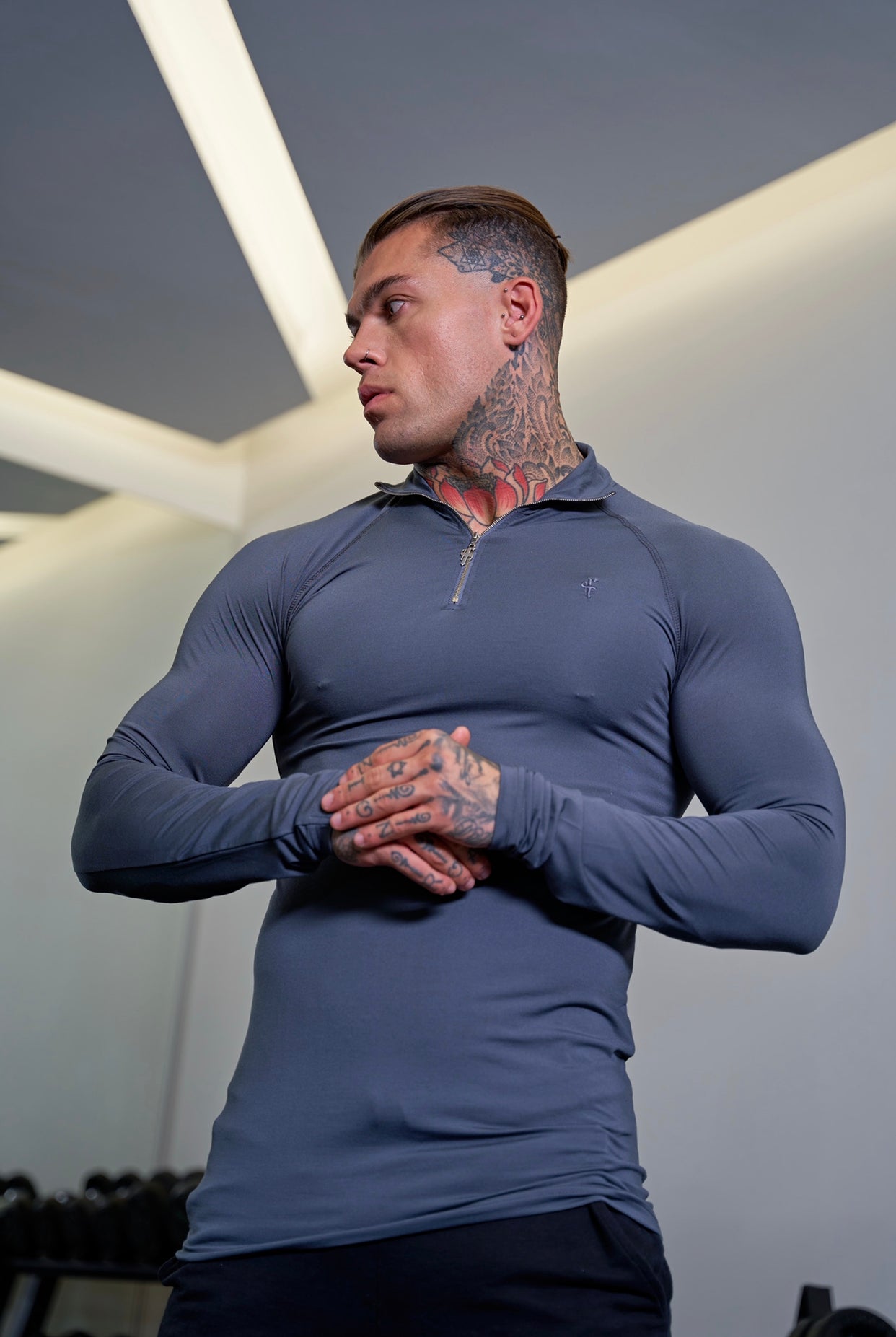 Long Sleeve Slate Grey Half Zip Gym Top - FSH693