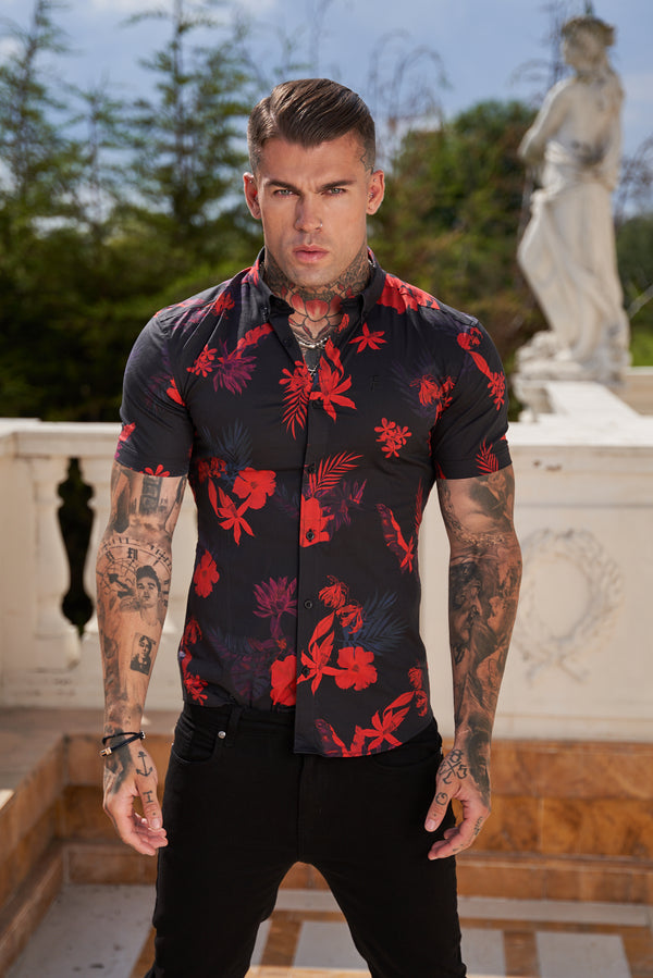 Father Sons Super Slim Stretch Black and Red Floral Print Short Sleeve with Button Down Collar - FS767 (PRE ORDER 13TH MAY)