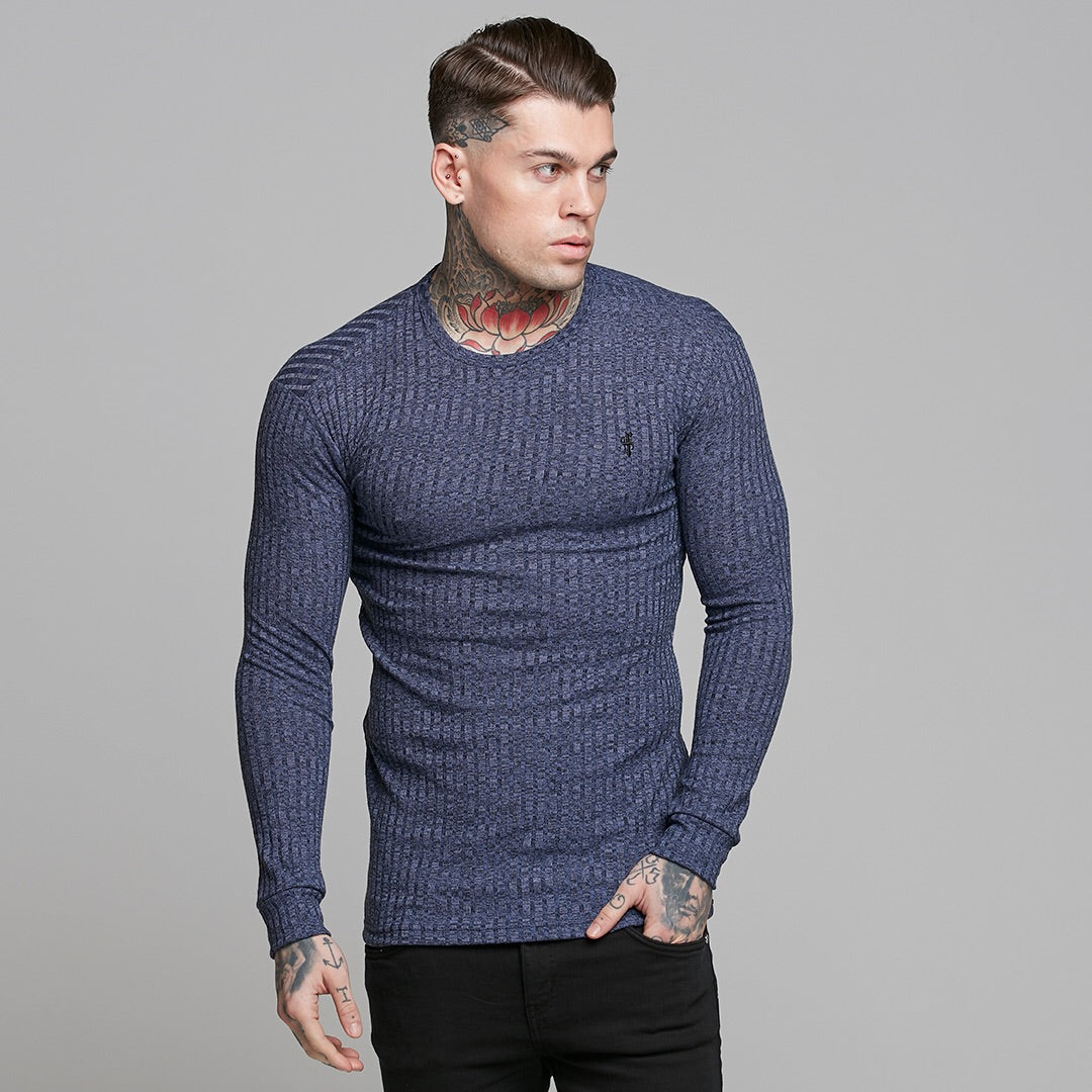 Classic Navy Ribbed Knit Super Slim Crew - FSH114