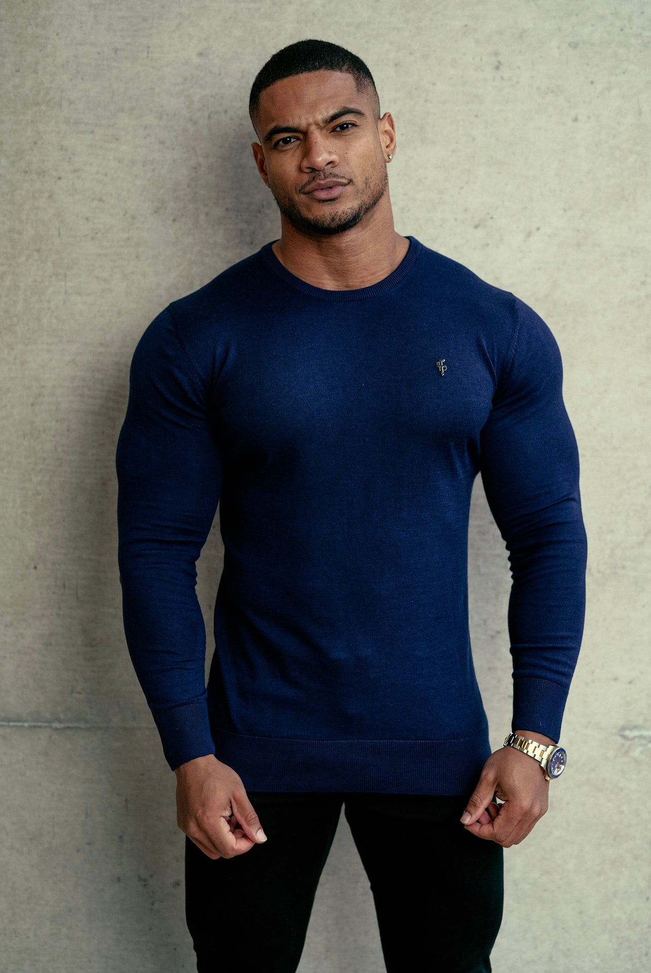 Classic Navy Crew Neck Knitted Jumper with Metal Decal - FSN088