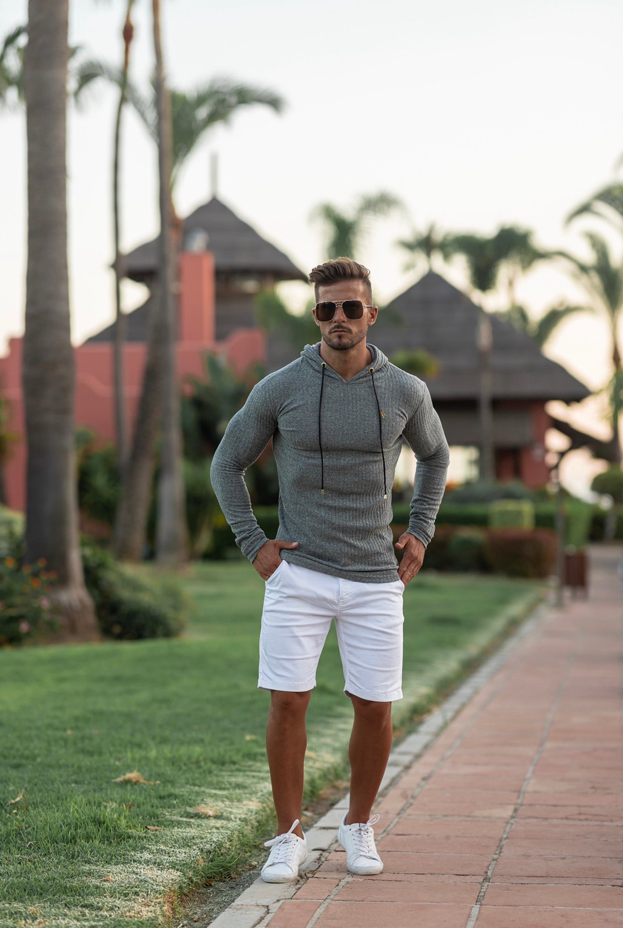 Classic Pale Sage Green / Gold Ribbed Knit Hoodie Jumper - FSH510