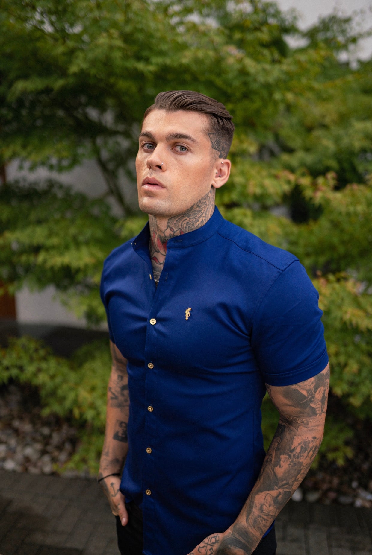 Super Slim Stretch Navy Denim Short Sleeve Grandad collar with Metal Buttons and Decal Emblem - FS714