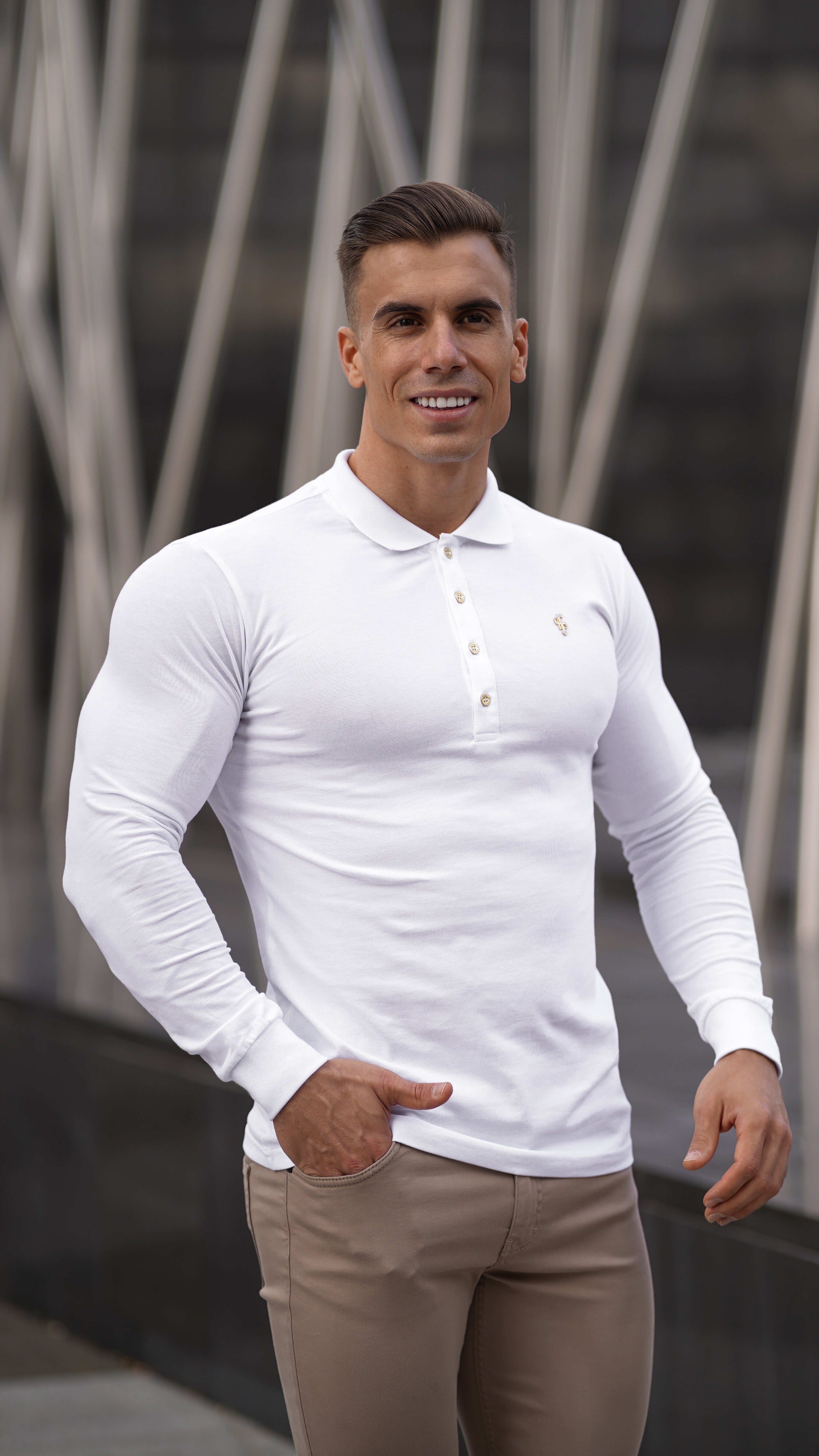 Classic White Long Sleeve Polo Shirt with Gold Metal Emblem Decal & Buttons - FSH515