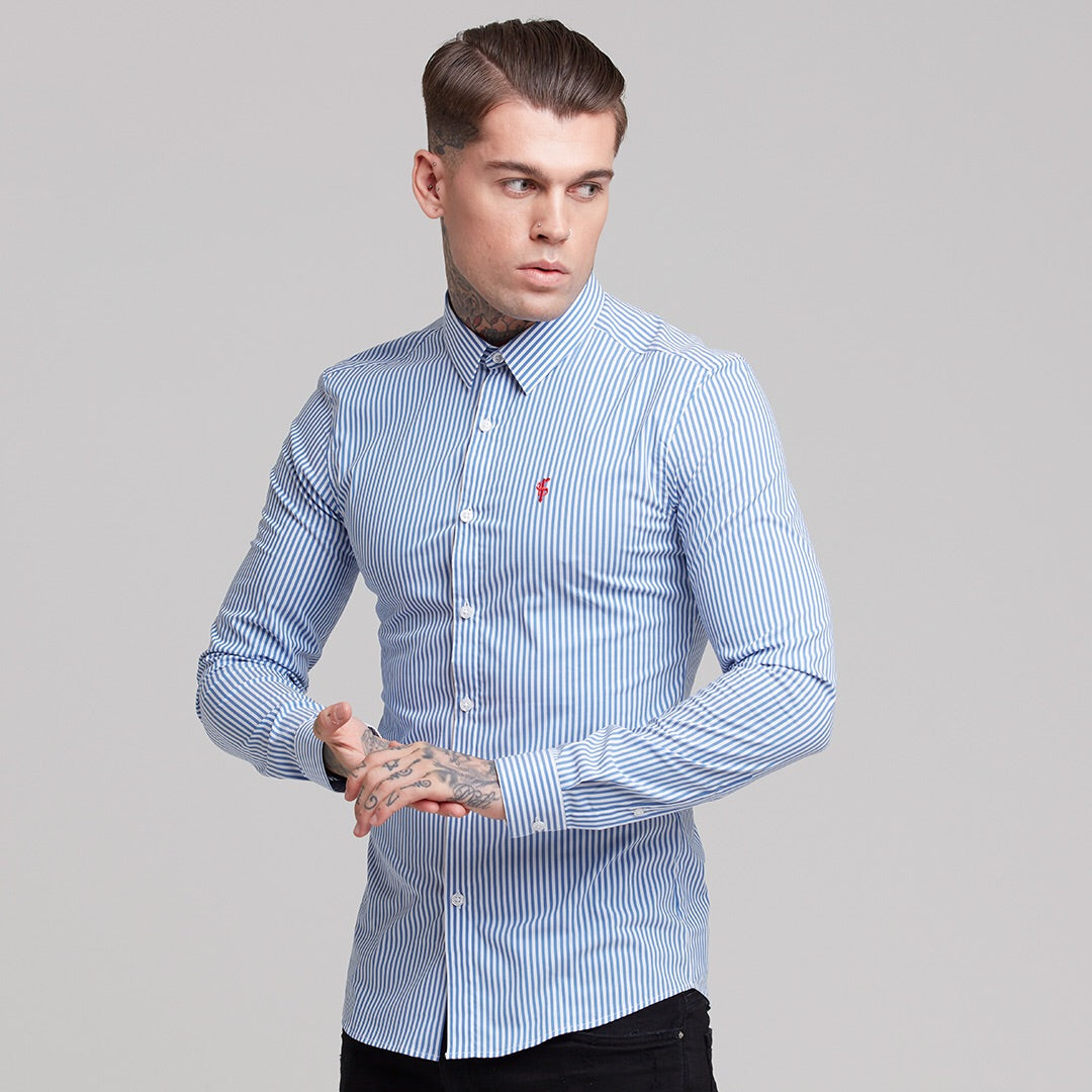Super Slim Stretch White & Navy Stripe (Red Emblem) - FS513