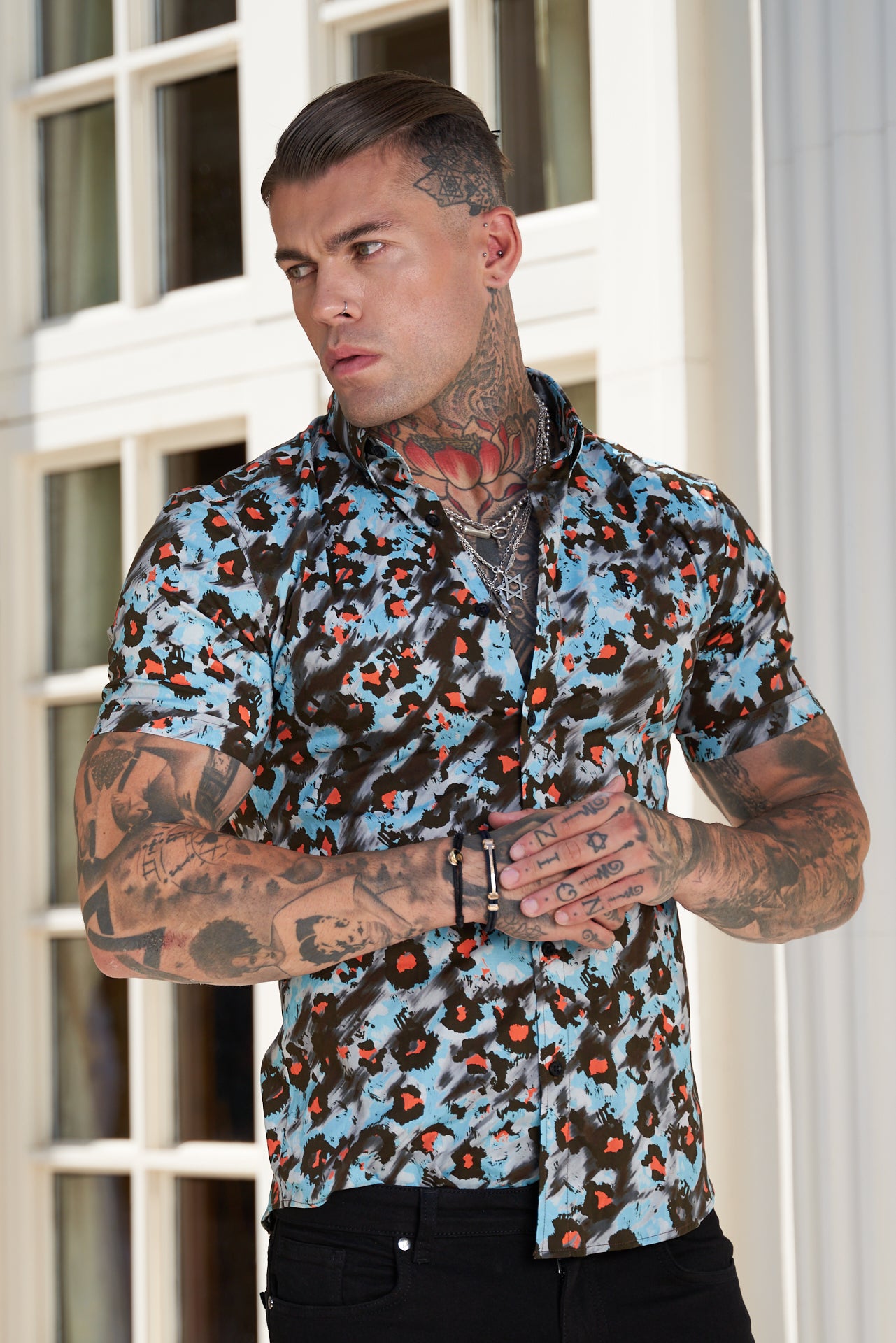 Super Slim Stretch Multi Colour Abstract Leopard Print Short Sleeve with Button Down Collar - FS790